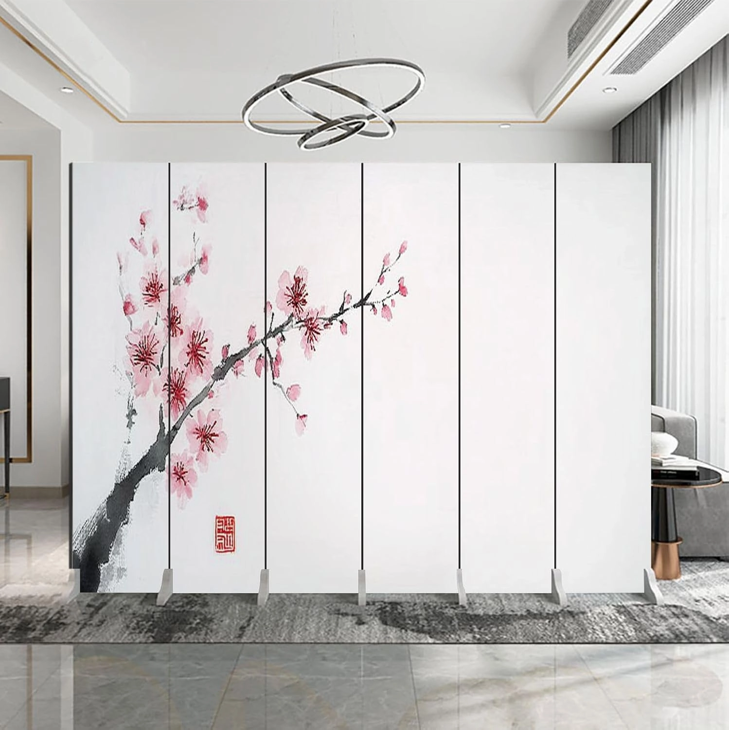 6 Panels Folding Screen Room Divider Blossoming Branch Traditional Oriental Ink Canvas Screen Indoor Separator Freestanding Protective Wall Divider Privacy Partition