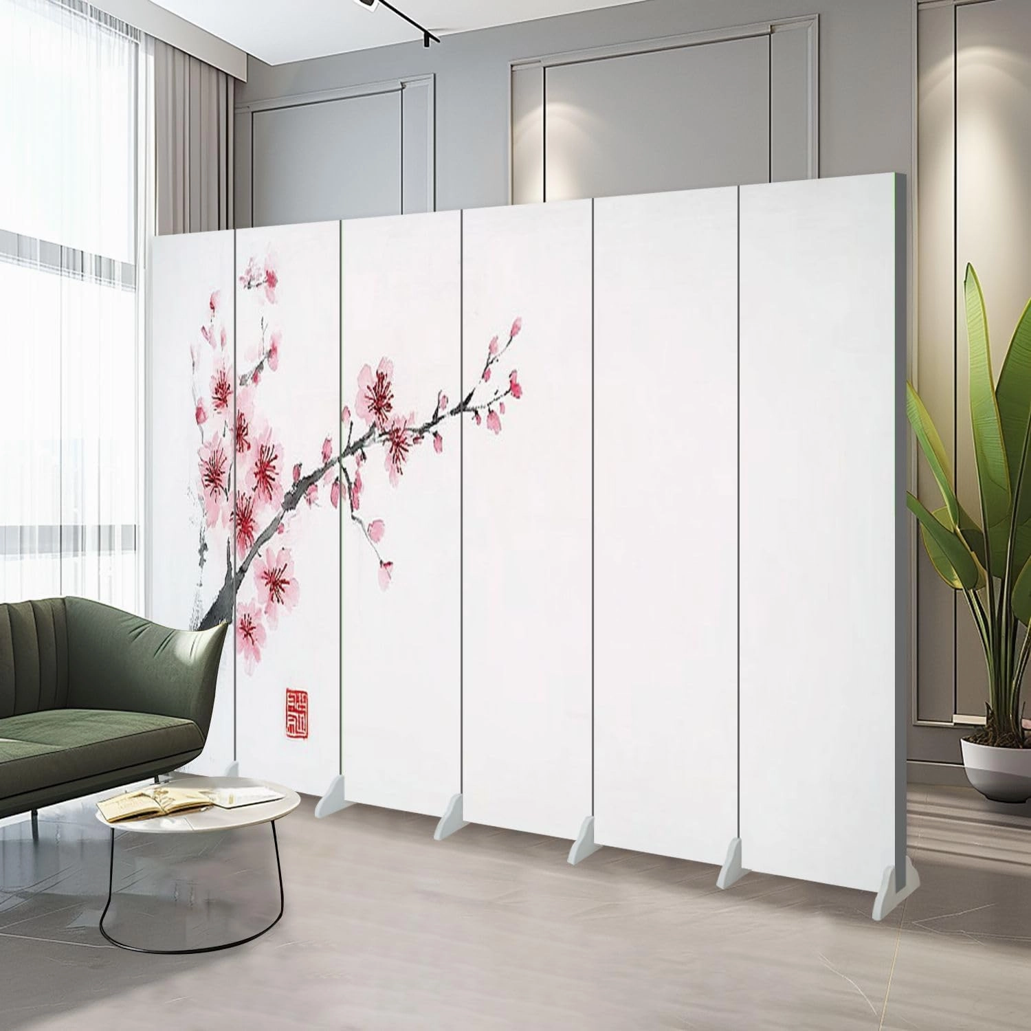 6 Panels Folding Screen Room Divider Blossoming Branch Traditional Oriental Ink Canvas Screen Indoor Separator Freestanding Protective Wall Divider Privacy Partition