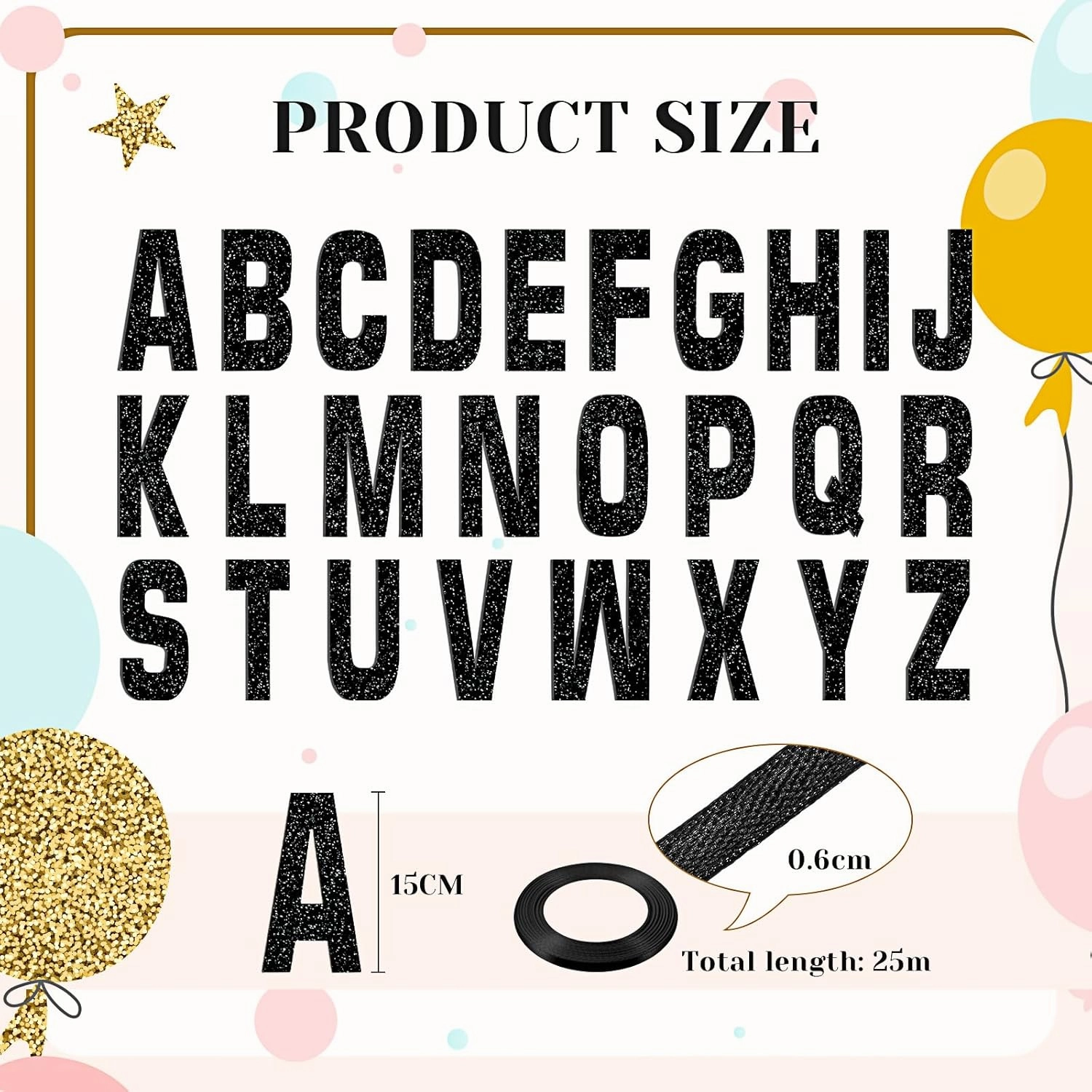 78 Pcs Make Your Own Banner Kits Large Size 6 Inch DIY Glitter Letter Pack Reuse Letters Banner Kit with White Ribbon for Birthday Wedding Shower Party Favor Wedding Wall Decor (Gold Glitter Black)