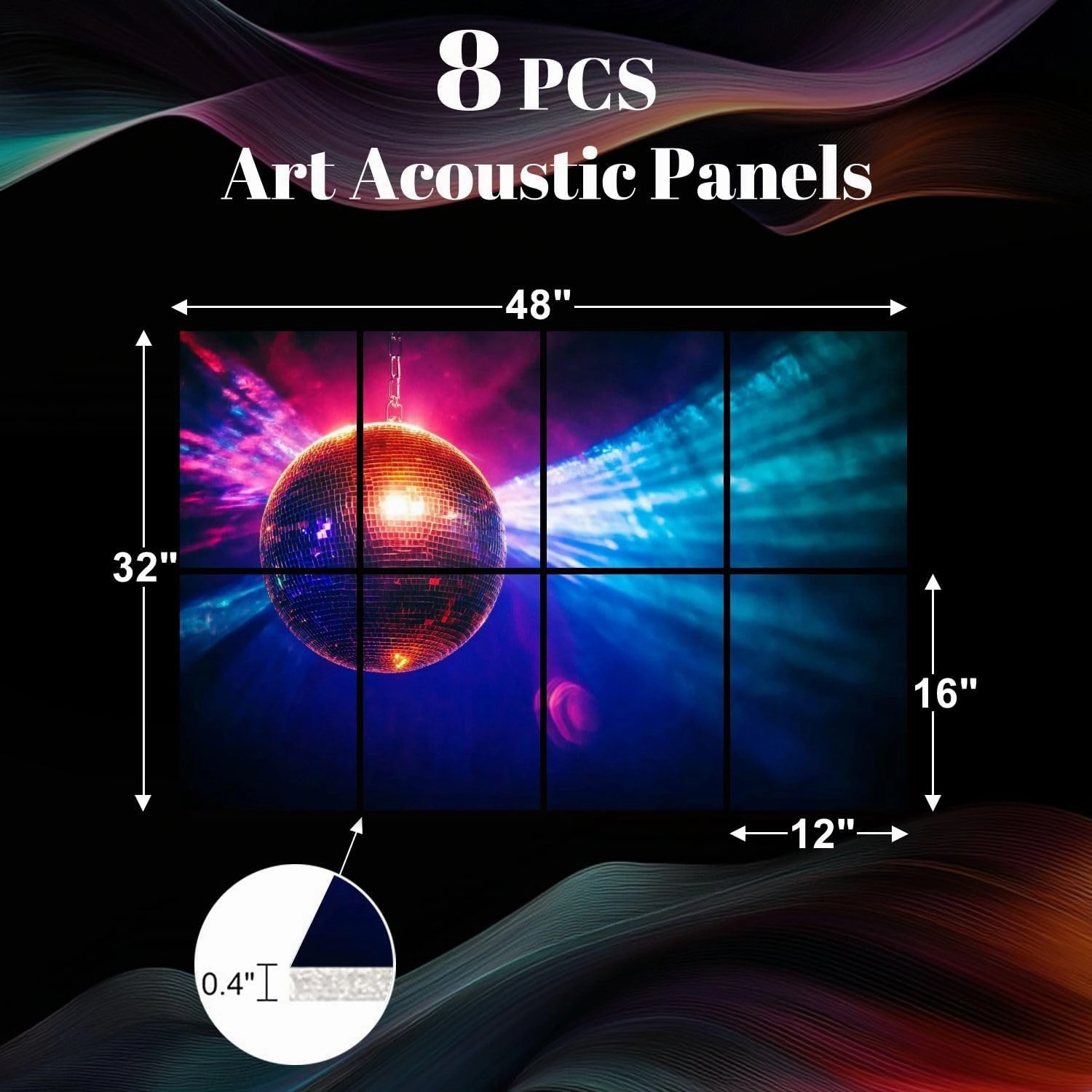 8 Pack Art Acoustic Panels Disco ball bright rays Sound Absorbing Panel 32"x48" Soundproof Wall Panels Acoustic Wall Art for Studios, Office, Theaters