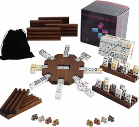 8 Players Mexican Train Dominoes Game Set - Double 12 Dominoes with Wooden Hub, 8 Metal Trains & Domino Storage Bag| Family Board Game for 2-8 Players