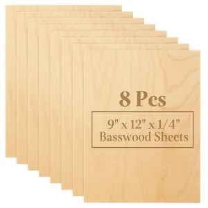 8PCS 12 x 9 Inch Basswood Sheets for Crafts, 1/4 Inch(6mm) Thick Plywood Sheets Boards, Unfinished Wood Boards for Laser Cutting, CNC Cutting and Wood Burning