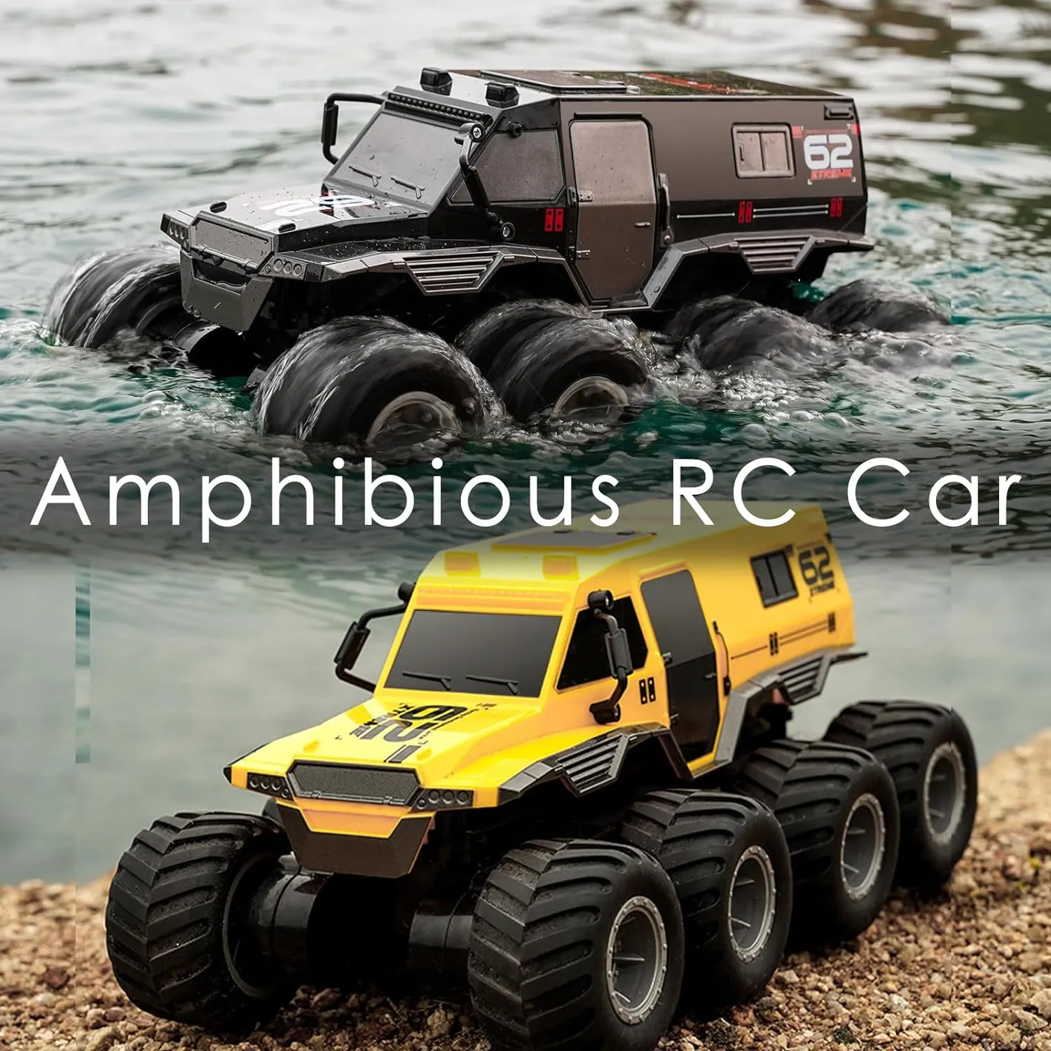 8WD Amphibious Monster Truck, 2.4G Off Road Waterproof 1:12 Big Remote Control Car for Boys, All Terrain RC Cars Toys for 7 8 9 10 11 12 Year Old Boys/Girls, Gift Birthday Christmas-Yellow