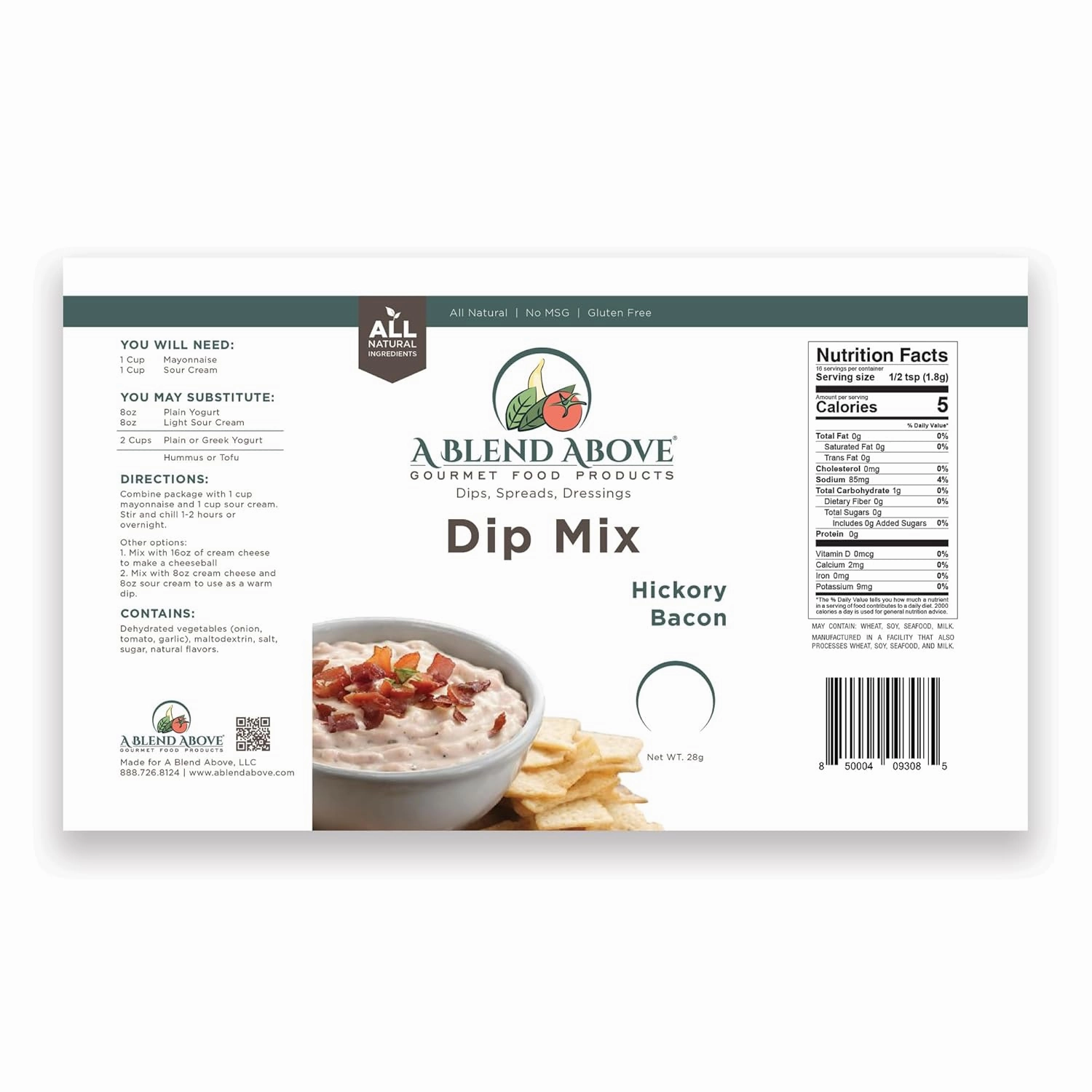 A Blend Above Hickory Bacon Dip Mix, 3 Packs, 1 oz. Each, Makes 16 Ounces, Gluten-Free, No MSG, All Natural, No Preservatives, Vegan Friendly, Keto Friendly, Vegetable Dip, Chip Dip, Low Carb, Easy to Make
