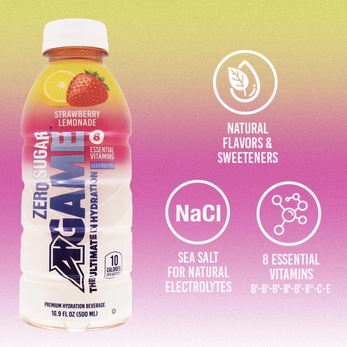 A-Game Zero Sugar Sports Drink, Strawberry Lemonade Zero, Sugar Free Hydration Sports Beverage, 8 Vitamins Plus Electrolytes, Natural Flavors, Gluten Free & Keto Friendly, 16.9 Fl Oz (Pack of 12)