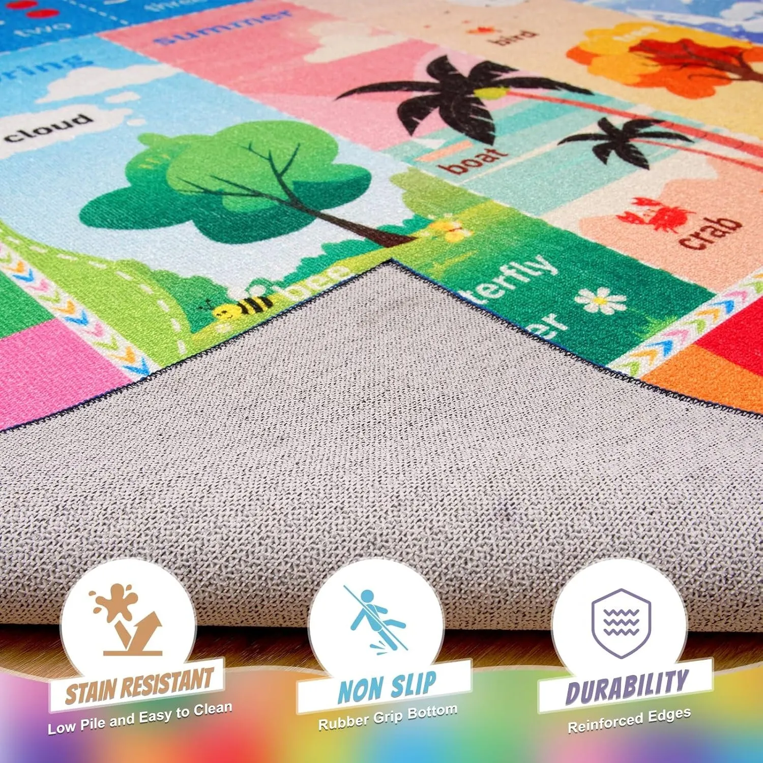 ABC Kids Rug for Playroom, 3x5 Washable Classroom Area Rugs, Toddler Educational Play Mat with Alphabet Numbers Seasons Shapes, Learning Fun for Preschool Children, Colorful