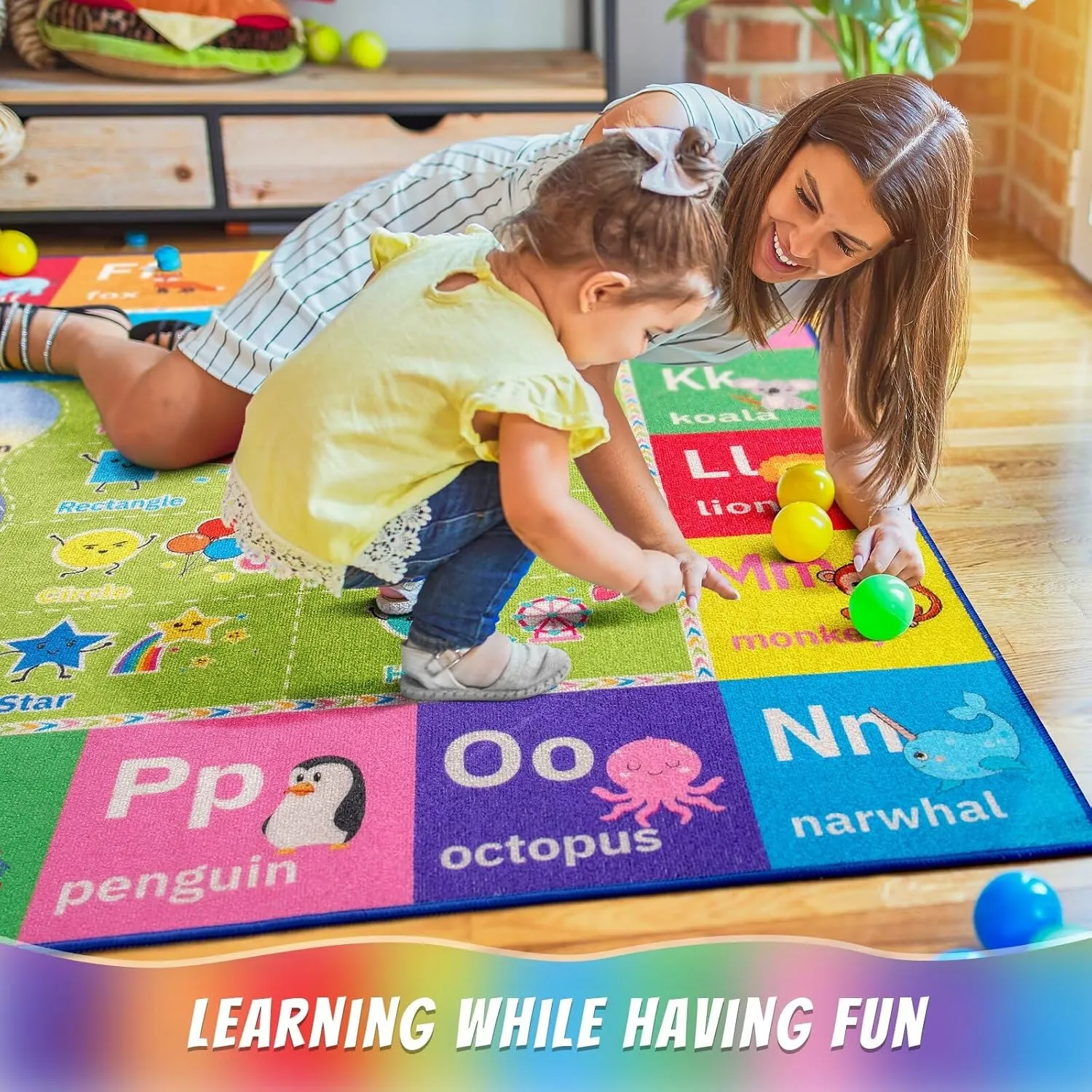 ABC Kids Rug for Playroom, 3x5 Washable Classroom Area Rugs, Toddler Educational Play Mat with Alphabet Numbers Seasons Shapes, Learning Fun for Preschool Children, Colorful