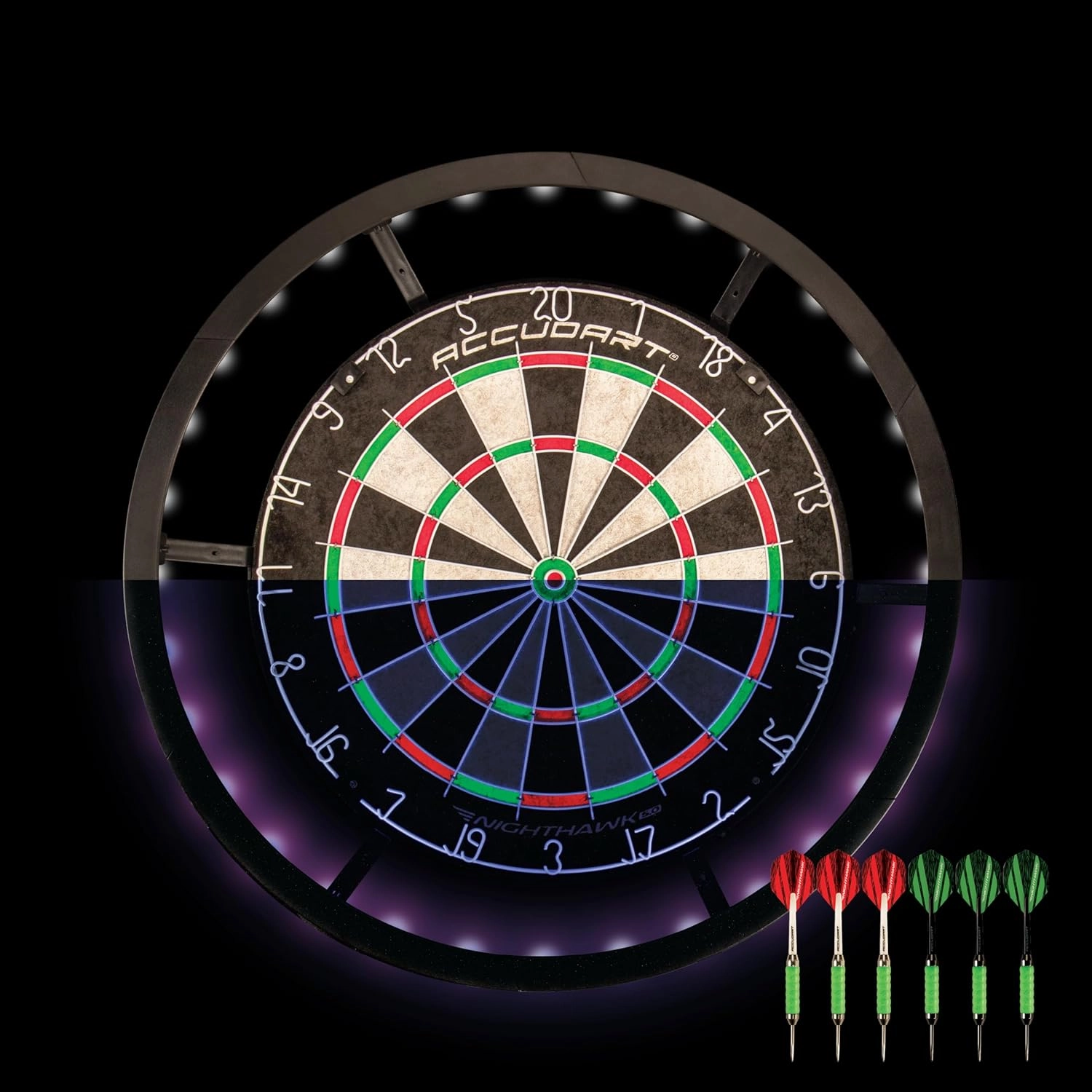 Accudart Nighthawk 2 in 1 LED/Blacklight Bristle Dartboard Surround Set - Official Size Dartboard - 360 Degree Lighting - Blacklight and Bright LED Lighting Modes - Includes Glow-in-The-Dark Dart Set