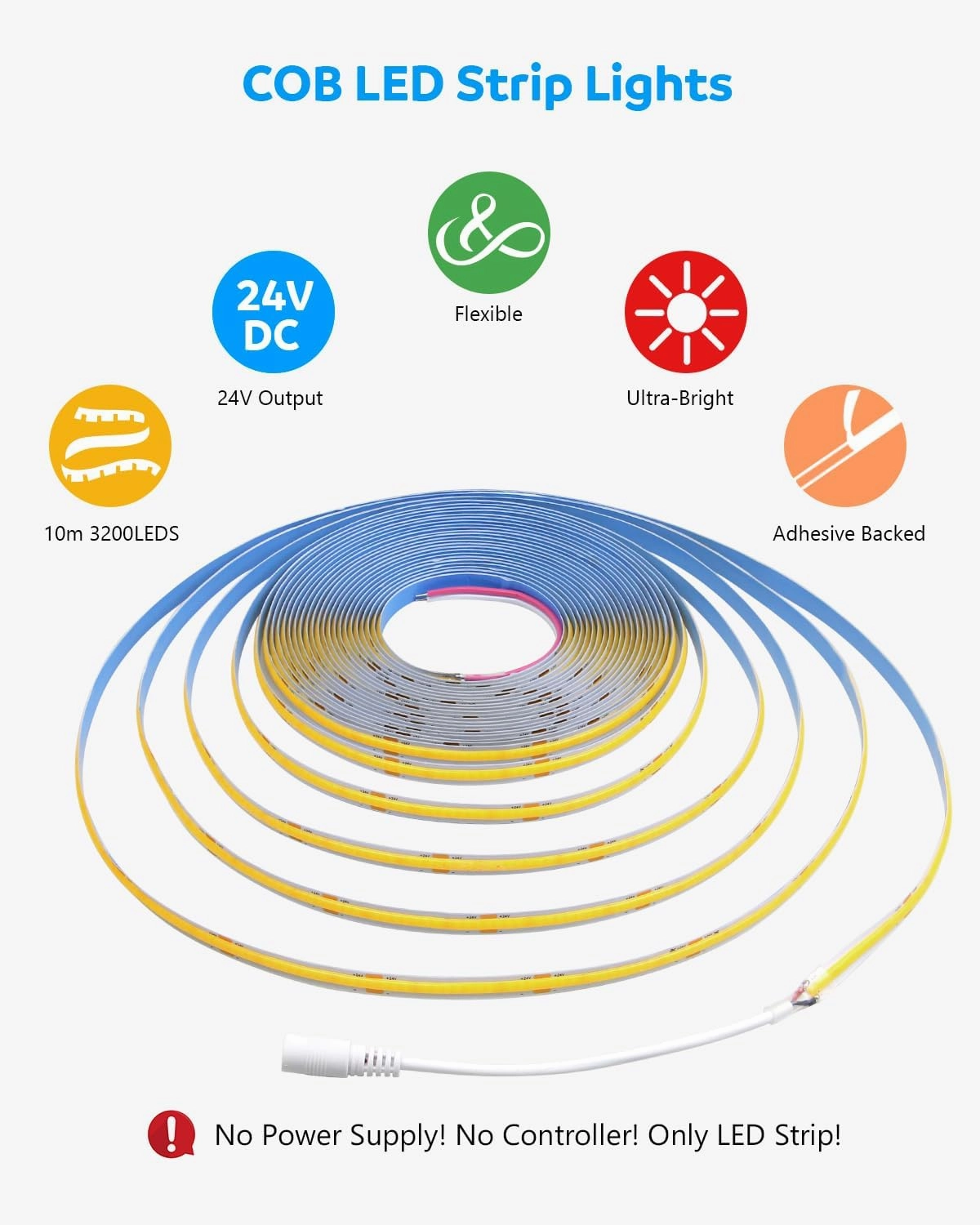 Aclorol 24V COB Led Strip Light 32.8ft COB Flexible Led Strip Light Cool White 6000K Super Bright for TV Party Other Home Indoor Decor 10M 3200Leds CRI85 (Power Supply&LED Dimmer Not Included)