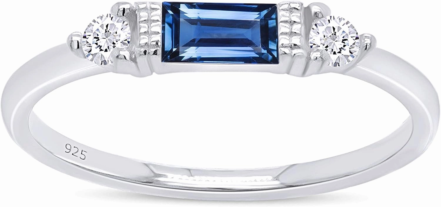 AFFY 925 Sterling Silver Baguette Cut Simulated Birthstone And White Cubic Zirconia Three Stone Design Bridal Engagement Wedding Ring Jewelry, Gift For Her