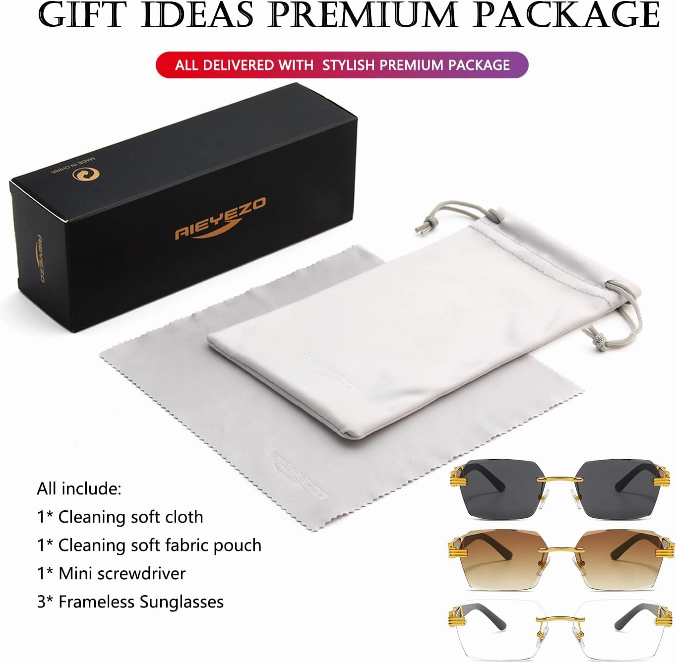 AIEYEZO Retro Rimless Sunglasses Rectangle Unisex Vintage Frameless Sun Glasses Fashion Square Tinted Glasses