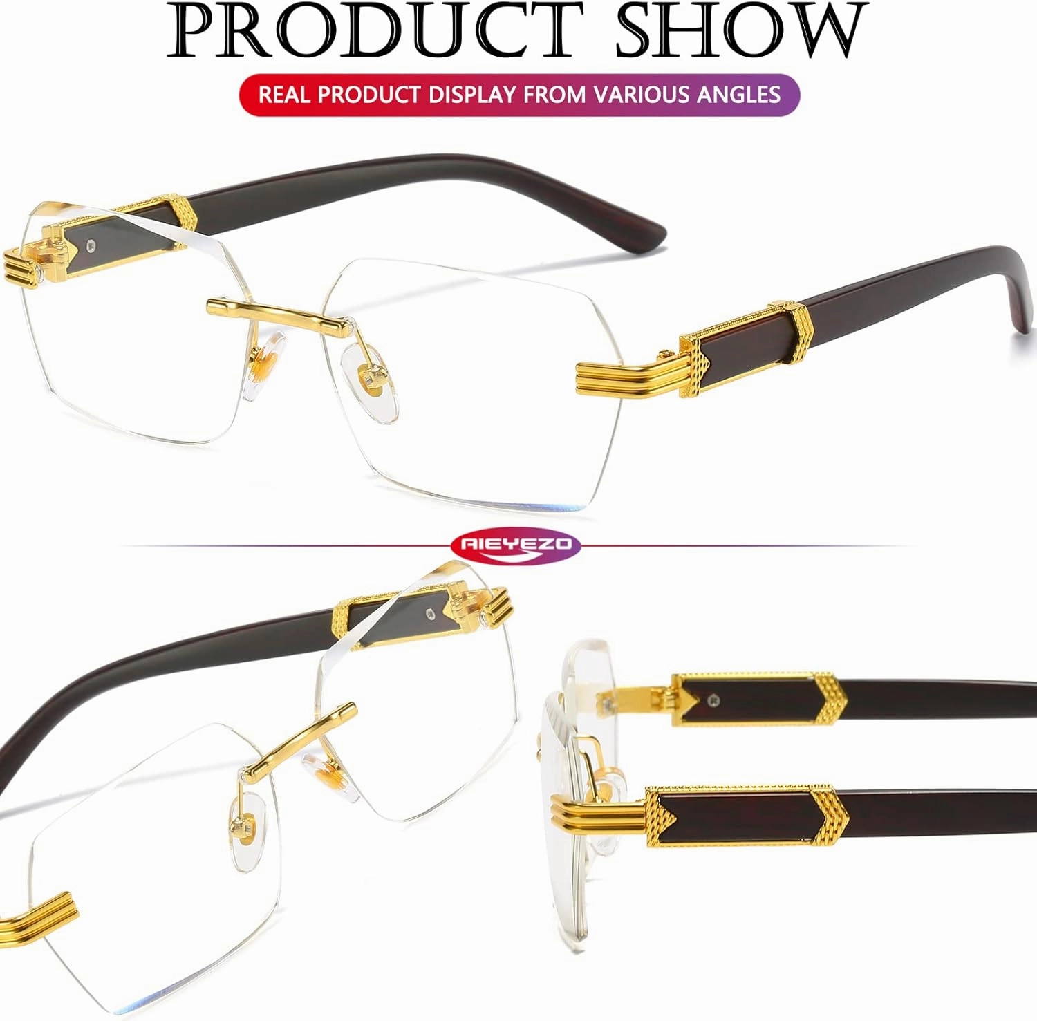 AIEYEZO Retro Rimless Sunglasses Rectangle Unisex Vintage Frameless Sun Glasses Fashion Square Tinted Glasses