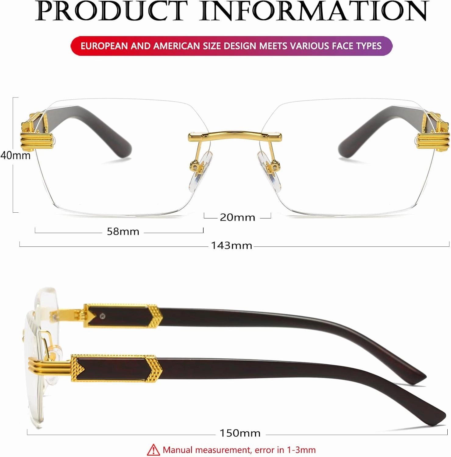 AIEYEZO Retro Rimless Sunglasses Rectangle Unisex Vintage Frameless Sun Glasses Fashion Square Tinted Glasses