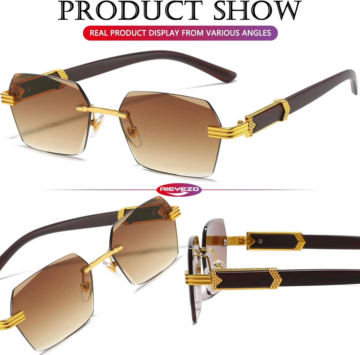 AIEYEZO Retro Rimless Sunglasses Rectangle Unisex Vintage Frameless Sun Glasses Fashion Square Tinted Glasses