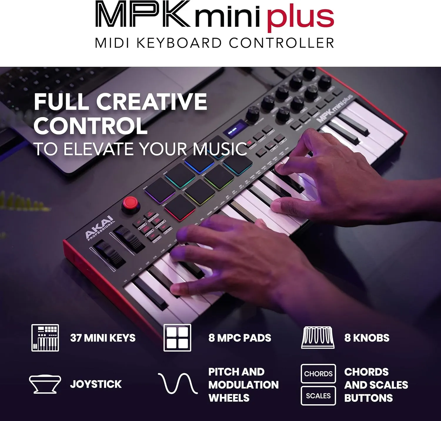 Akai Professional MPK Mini Plus - USB MIDI Keyboard Controller with 37 Mini Keys, 8 MPC Pads, Sequencer, MIDI/CV/Gate I/O, Music Production Software and Native Instruments Sound Package