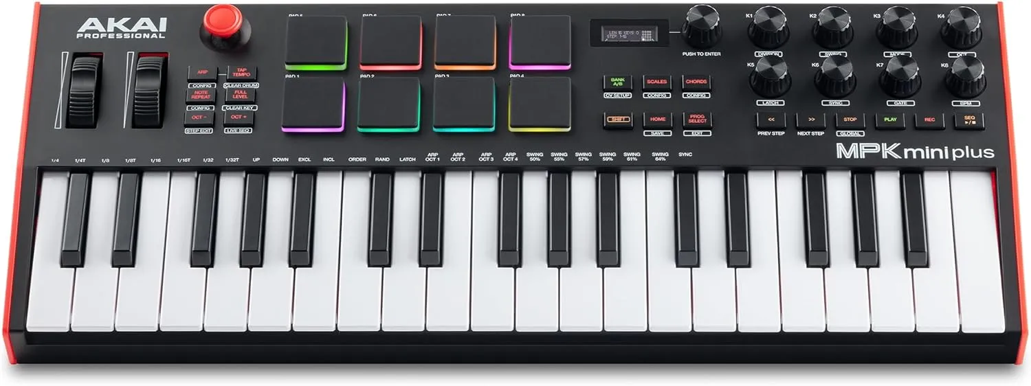 Akai Professional MPK Mini Plus - USB MIDI Keyboard Controller with 37 Mini Keys, 8 MPC Pads, Sequencer, MIDI/CV/Gate I/O, Music Production Software and Native Instruments Sound Package