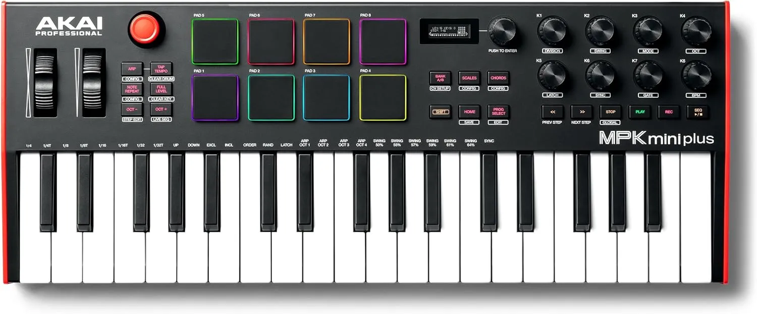 Akai Professional MPK Mini Plus - USB MIDI Keyboard Controller with 37 Mini Keys, 8 MPC Pads, Sequencer, MIDI/CV/Gate I/O, Music Production Software and Native Instruments Sound Package