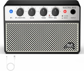 AKLOT Mini Bass Amp Small Bass Guitar Amplifier 10W Portable Recharged Electric Bass Amp BT Speaker with Dual Channel & Aux in Jack (Cream-Colored)