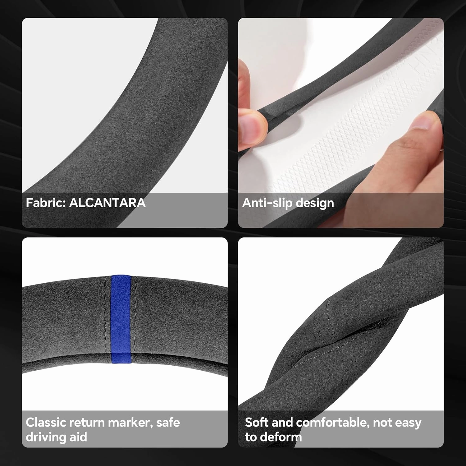 Alcantara Material Car Steering Wheel Cover, Anti-Slip, Comfortable Grip, Breathable, Durable, Full Surround, Universal Fit Car Interior - Black (Blue Mark) - Regular Style