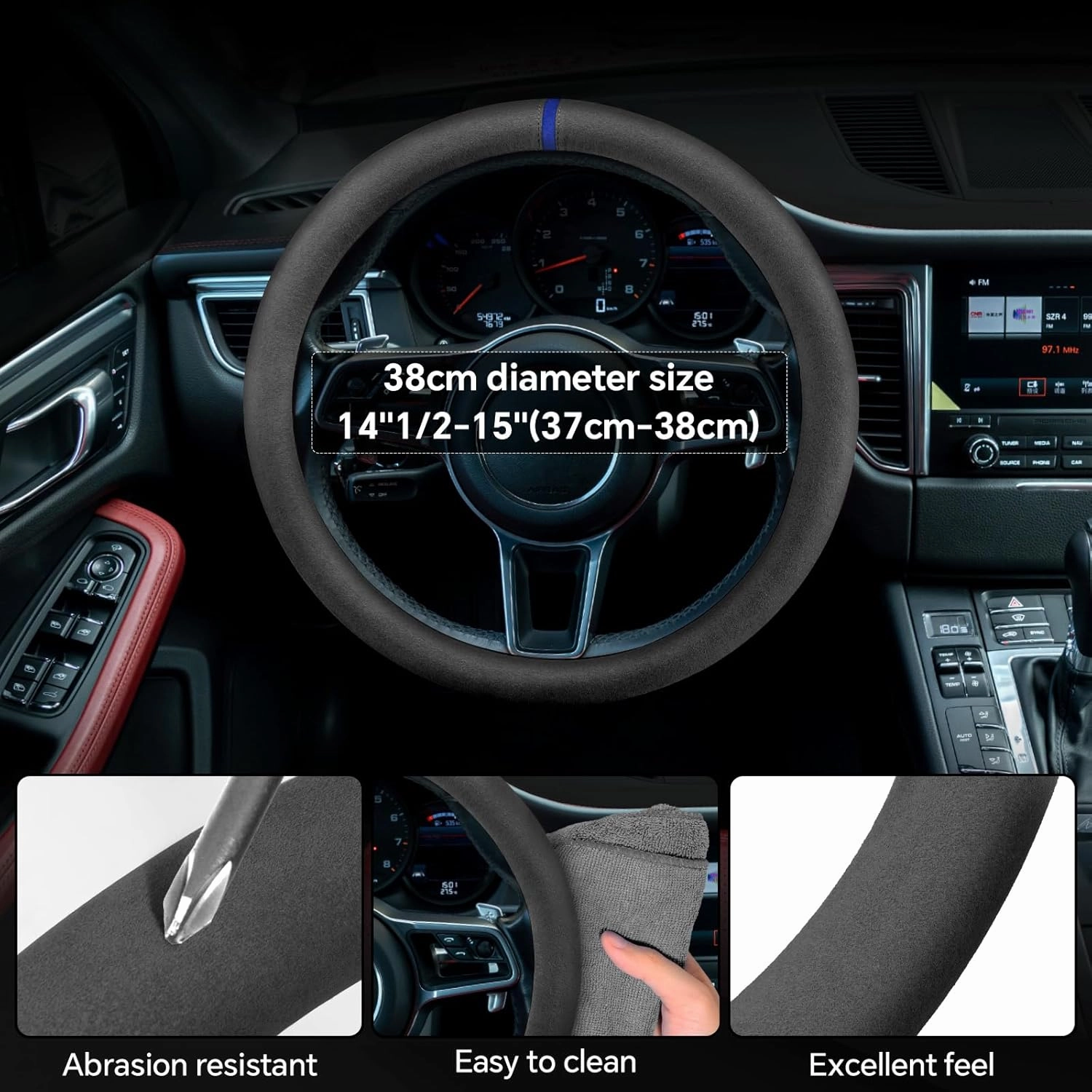 Alcantara Material Car Steering Wheel Cover, Anti-Slip, Comfortable Grip, Breathable, Durable, Full Surround, Universal Fit Car Interior - Black (Blue Mark) - Regular Style