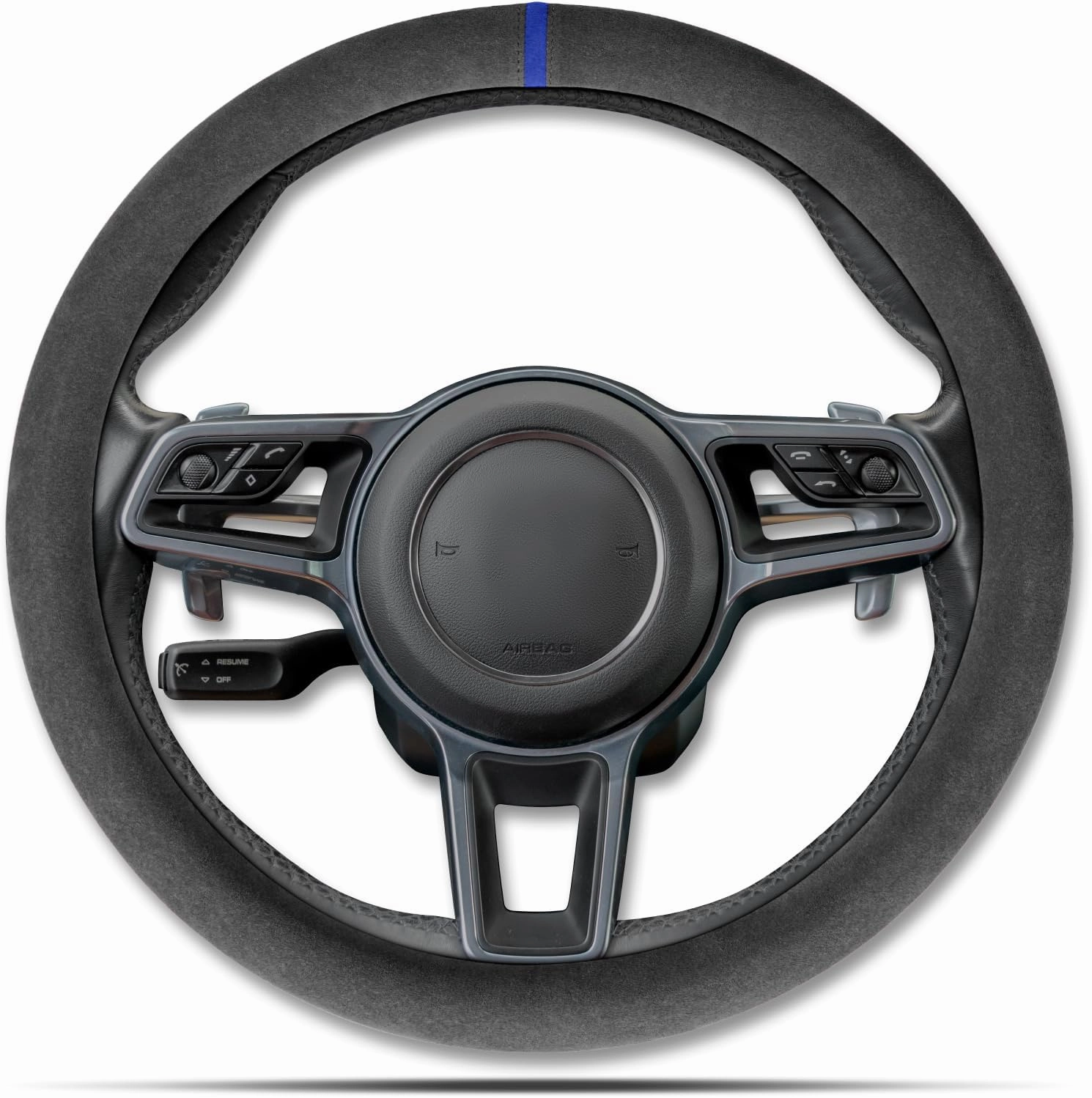 Alcantara Material Car Steering Wheel Cover, Anti-Slip, Comfortable Grip, Breathable, Durable, Full Surround, Universal Fit Car Interior - Black (Blue Mark) - Regular Style