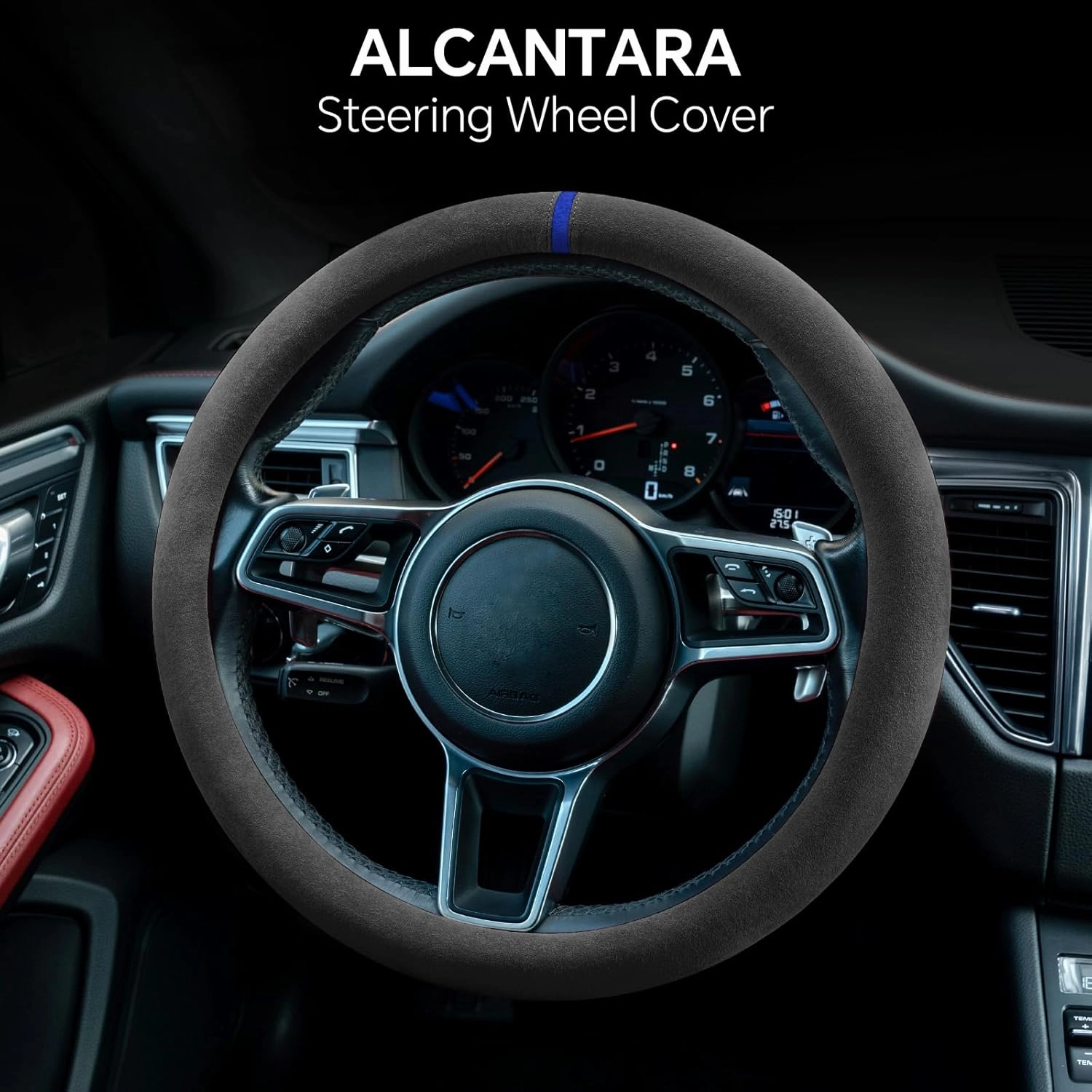 Alcantara Material Car Steering Wheel Cover, Anti-Slip, Comfortable Grip, Breathable, Durable, Full Surround, Universal Fit Car Interior - Black (Blue Mark) - Regular Style