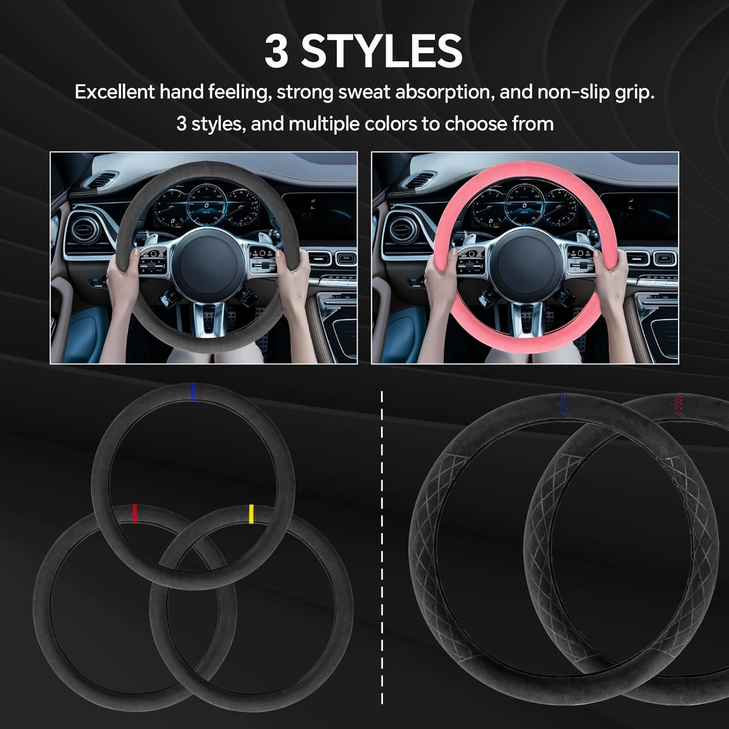 Alcantara Material Car Steering Wheel Cover, Anti-Slip, Comfortable Grip, Breathable, Durable, Full Surround, Universal Fit Car Interior - Black (Blue Mark) - Regular Style