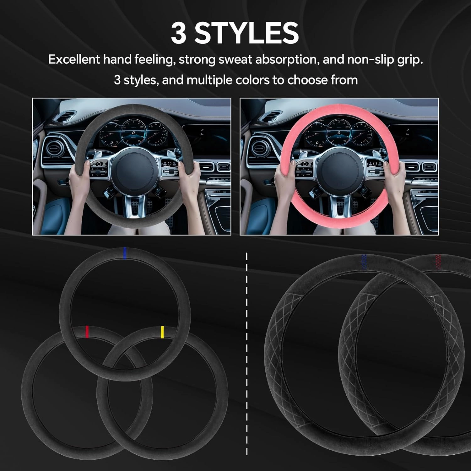 Alcantara Material Car Steering Wheel Cover, Anti-Slip, Comfortable Grip, Breathable, Durable, Full Surround, Universal Fit Car Interior - Black (Red Mark) - Race Track Style
