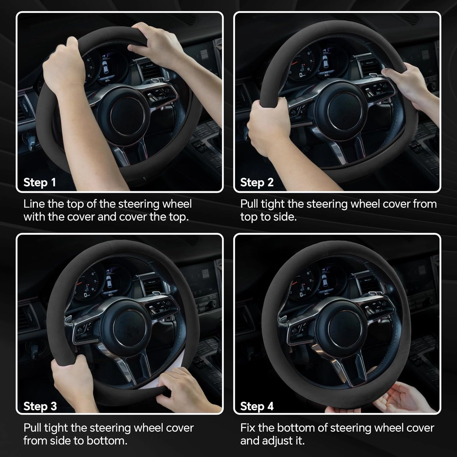 Alcantara Material Car Steering Wheel Cover, Anti-Slip, Comfortable Grip, Breathable, Durable, Full Surround, Universal Fit Car Interior - Black (Red Mark) - Race Track Style