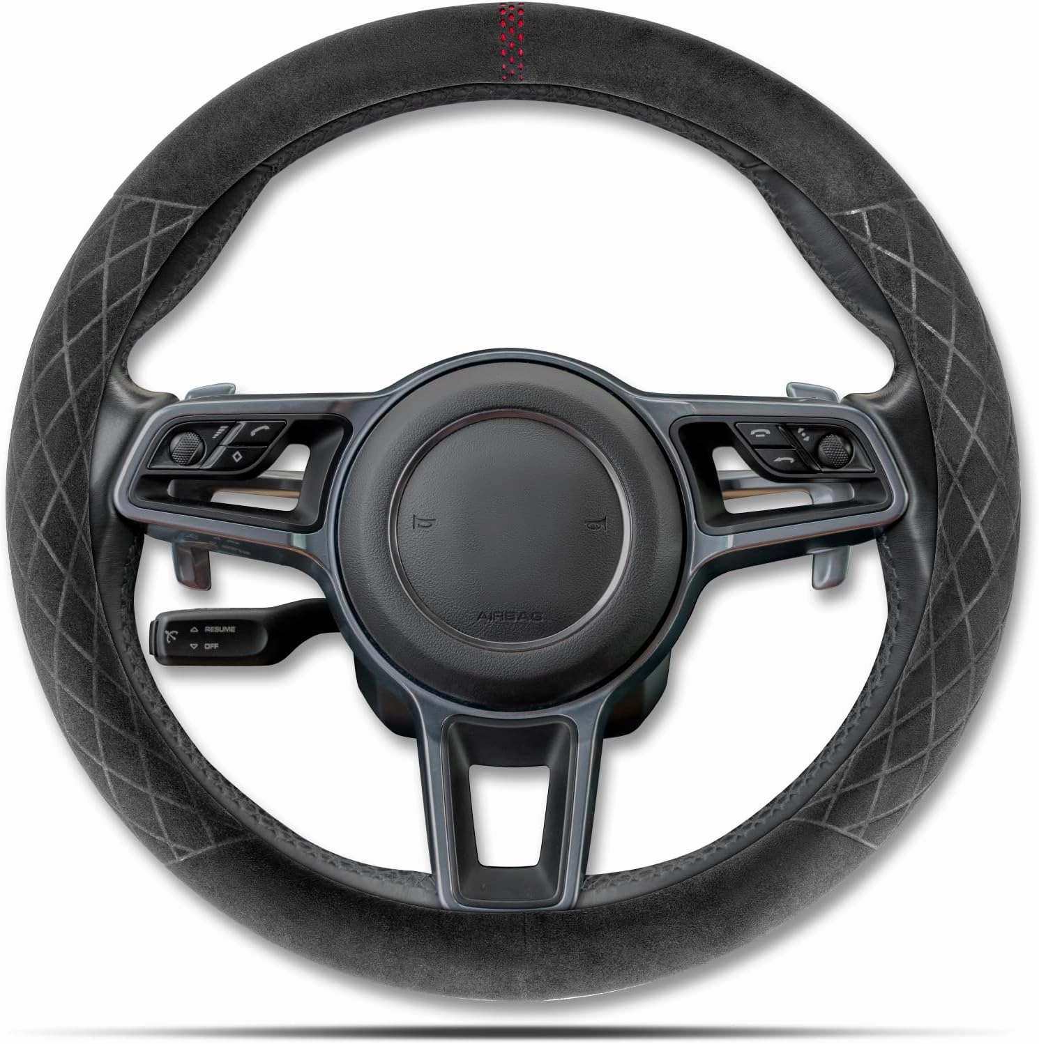 Alcantara Material Car Steering Wheel Cover, Anti-Slip, Comfortable Grip, Breathable, Durable, Full Surround, Universal Fit Car Interior - Black (Red Mark) - Race Track Style