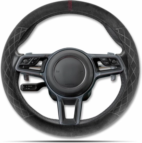 Alcantara Material Car Steering Wheel Cover, Anti-Slip, Comfortable Grip, Breathable, Durable, Full Surround, Universal Fit Car Interior - Black (Red Mark) - Race Track Style