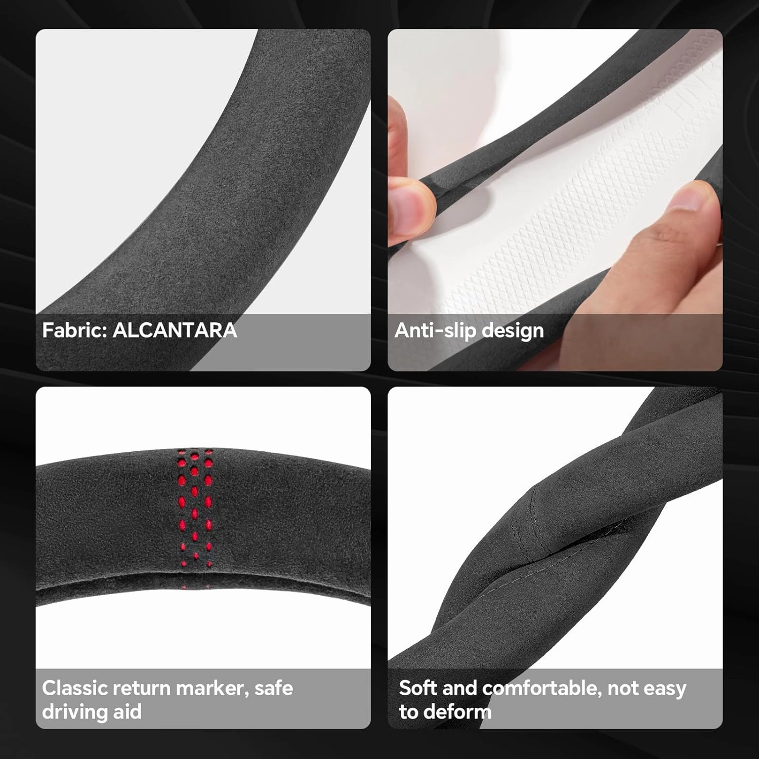 Alcantara Material Car Steering Wheel Cover, Anti-Slip, Comfortable Grip, Breathable, Durable, Full Surround, Universal Fit Car Interior - Black (Red Mark) - Race Track Style