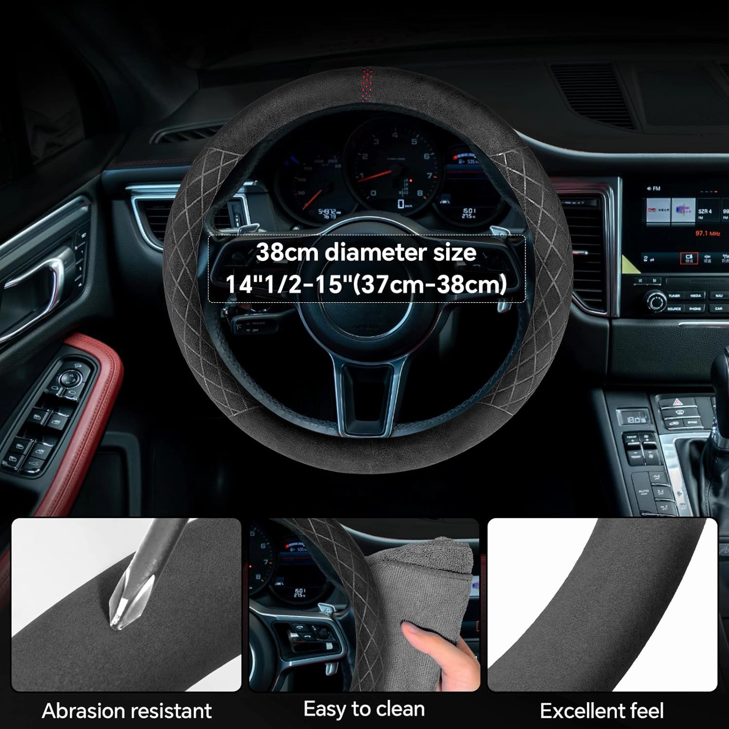 Alcantara Material Car Steering Wheel Cover, Anti-Slip, Comfortable Grip, Breathable, Durable, Full Surround, Universal Fit Car Interior - Black (Red Mark) - Race Track Style