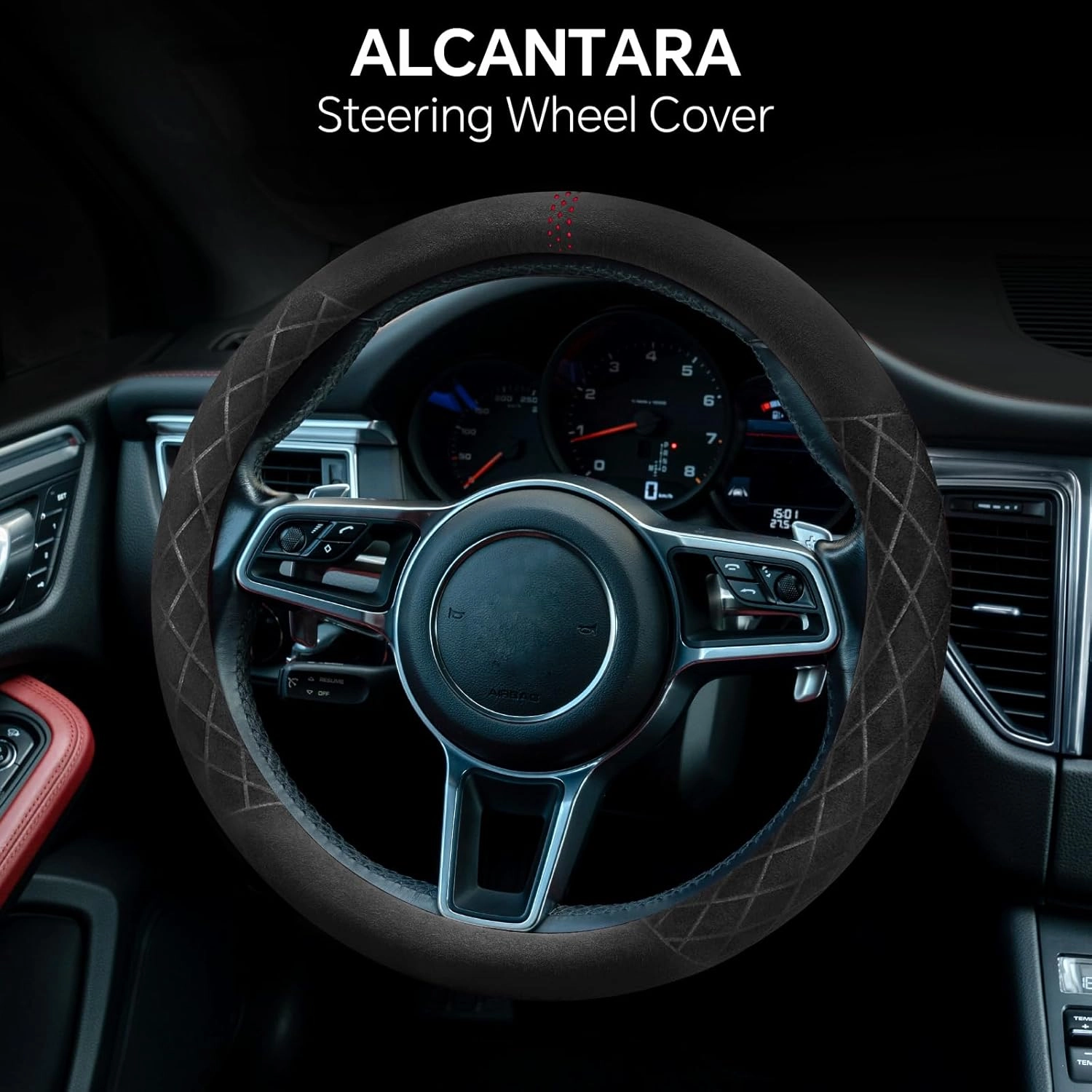 Alcantara Material Car Steering Wheel Cover, Anti-Slip, Comfortable Grip, Breathable, Durable, Full Surround, Universal Fit Car Interior - Black (Red Mark) - Race Track Style