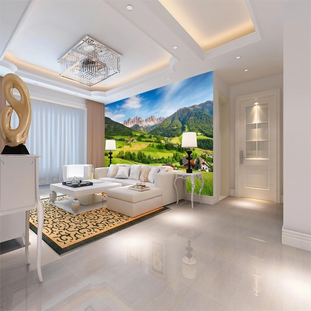 Alpine Grassland Self-Adhesive Wall Wallpaper, Natural Scenery High Resolution Pictures Art Decor Paintings 3D Wall Mural,for Sofa Background Wall Living Room,48"W x36"H