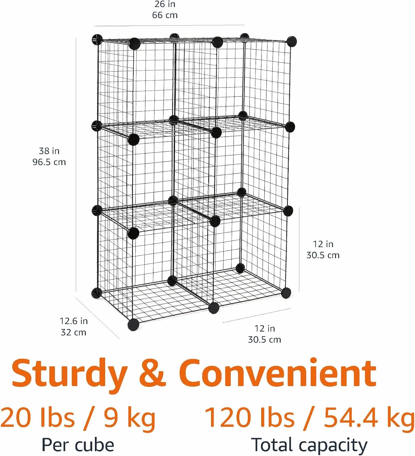 Amazon Basics 6-Cube Wire Grid Stackable Storage Shelves, 12 x 12-Inches, Black, 12.6"D x 26"W x 38"H