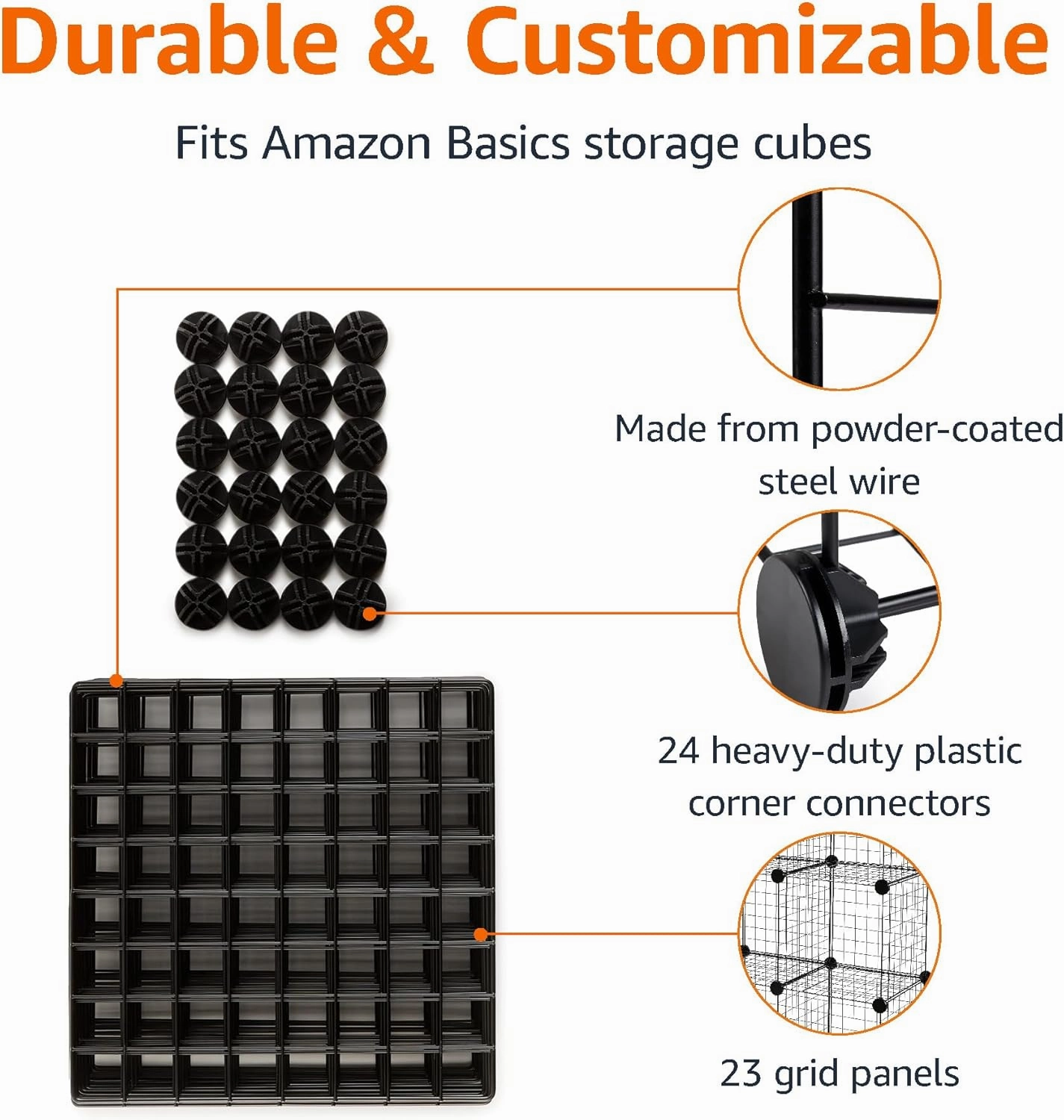 Amazon Basics 6-Cube Wire Grid Stackable Storage Shelves, 12 x 12-Inches, Black, 12.6"D x 26"W x 38"H