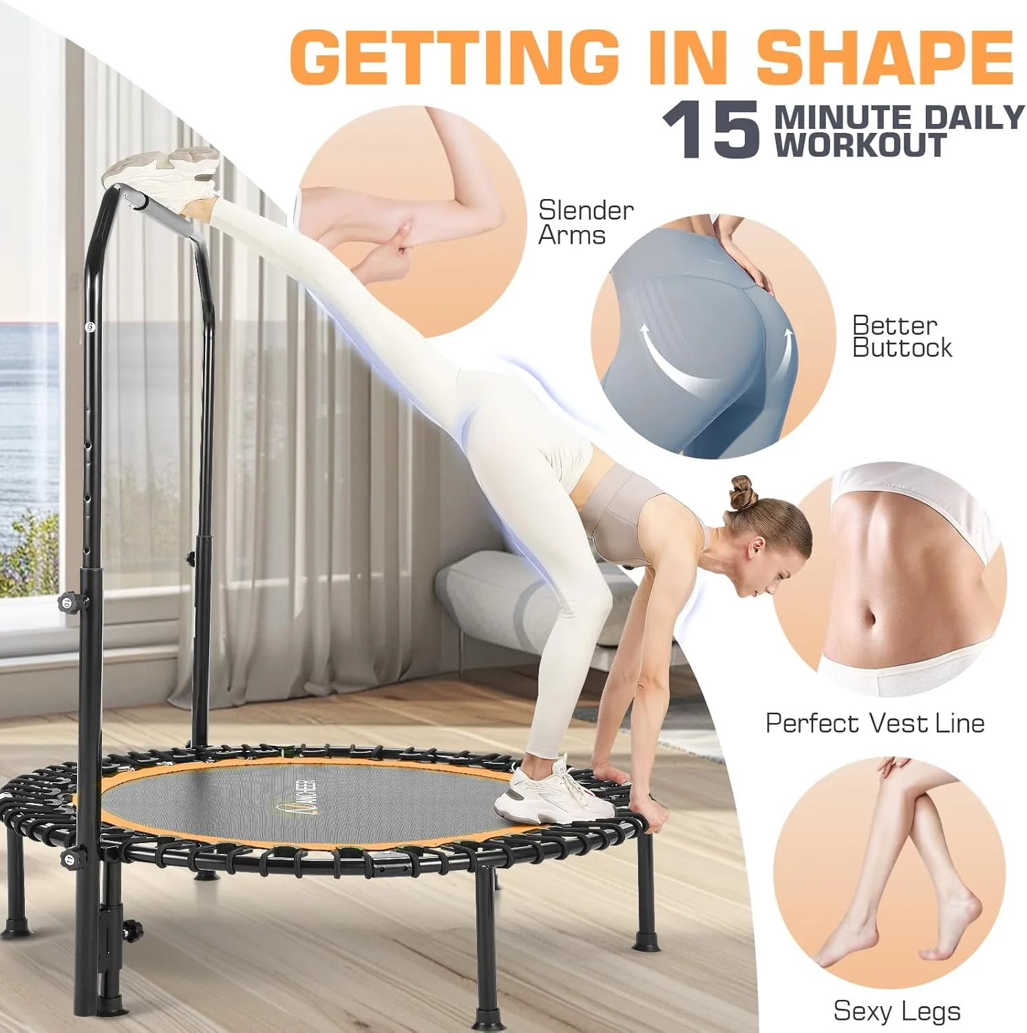 ANCHEER 40" Foldable Mini Trampoline,Max Load 450lbs/550lbs Indoor Trampoline,with 4 Level Adjustable Foam Handle and Resistance Bands,Adult Exercise Trampoline for Home, Garden, and Gym