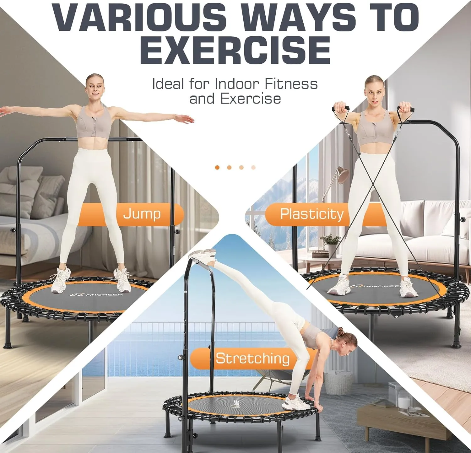 ANCHEER 40" Foldable Mini Trampoline,Max Load 450lbs/550lbs Indoor Trampoline,with 4 Level Adjustable Foam Handle and Resistance Bands,Adult Exercise Trampoline for Home, Garden, and Gym