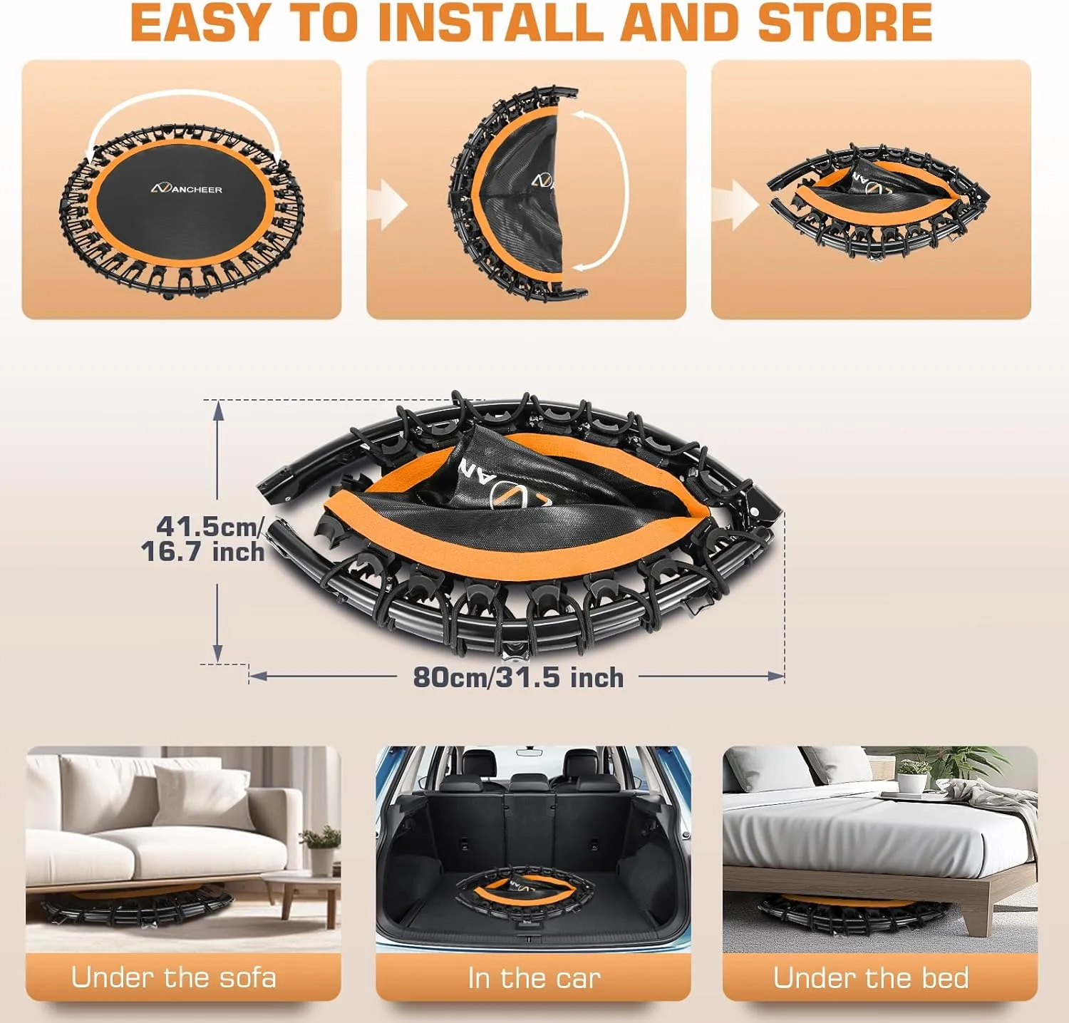 ANCHEER 40" Foldable Mini Trampoline,Max Load 450lbs/550lbs Indoor Trampoline,with 4 Level Adjustable Foam Handle and Resistance Bands,Adult Exercise Trampoline for Home, Garden, and Gym