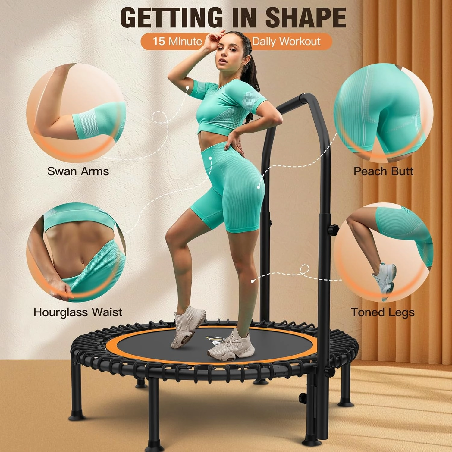 ANCHEER 40" Foldable Mini Trampoline,Max Load 450lbs/550lbs Indoor Trampoline,with 4 Level Adjustable Foam Handle and Resistance Bands,Adult Exercise Trampoline for Home, Garden, and Gym