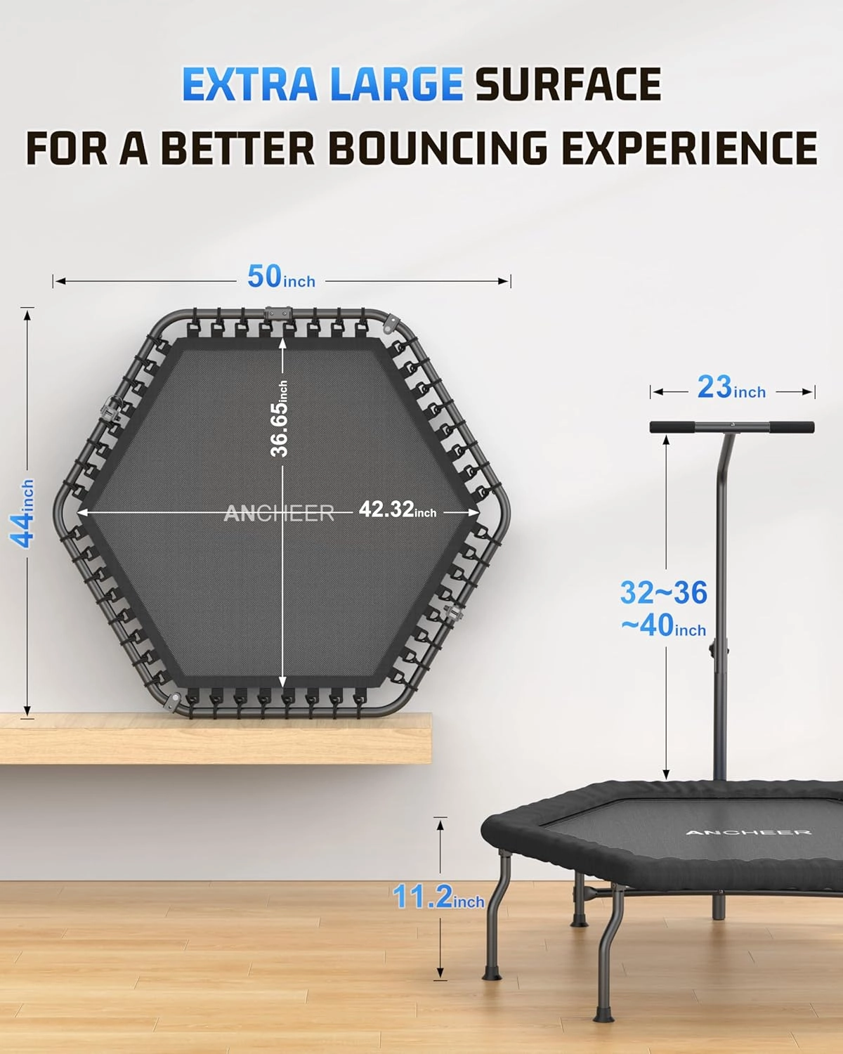 ANCHEER 50" Rebounder Trampoline for Adults- 2025 Foldable Mini Trampoline with Bar- Exercise Trampoline for Adults, Max Load 450lbs/550lbs, for Indoor/Garden Workout