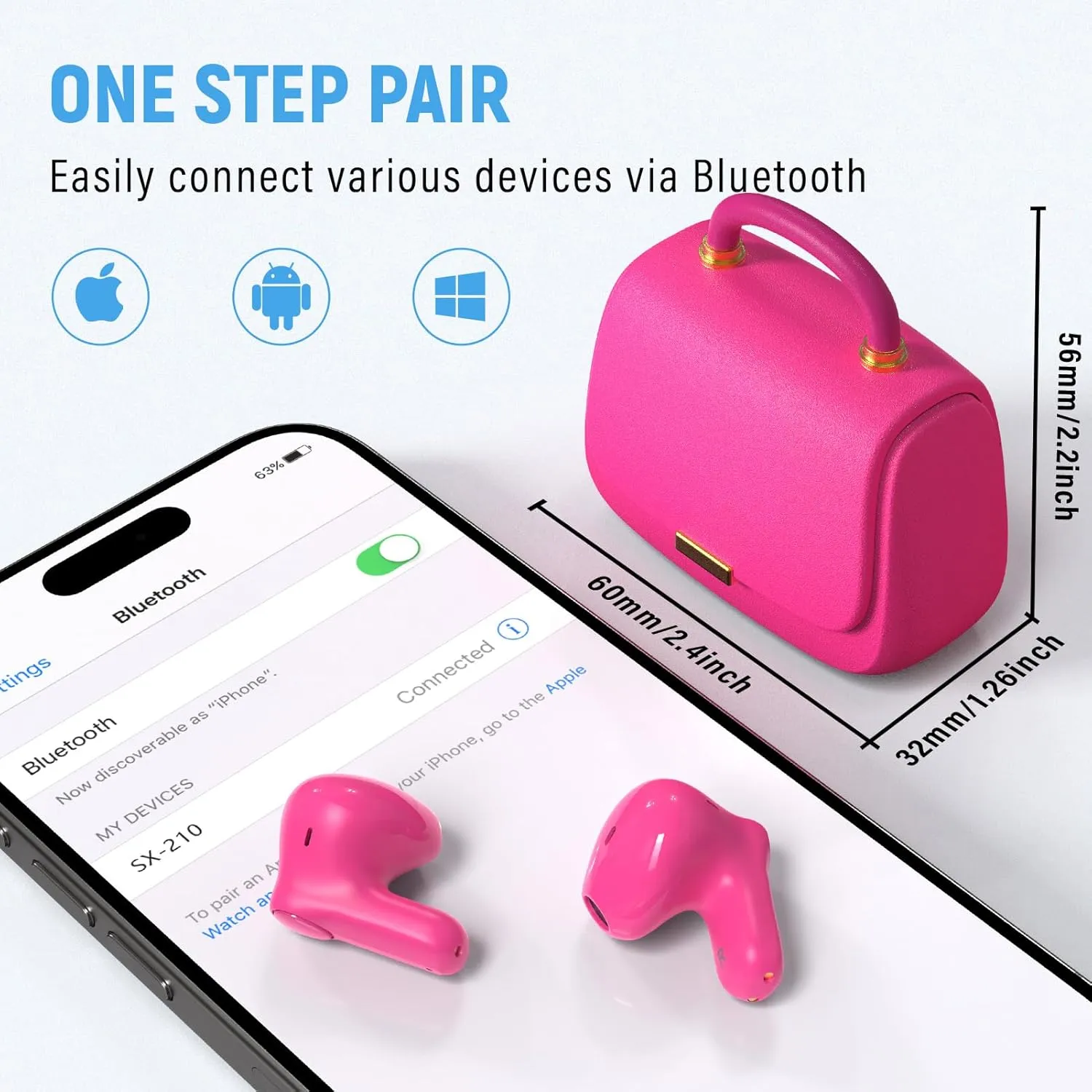 ANCwear Ear Buds,Bluetooth 5.3 in-Ear Headphones,13mm Drivers Deliver Premium Sound Earphones,22H Playtime True Wireless Earbuds with Unique Mini Handbag Charging Case (Pearl, Hot Pink)