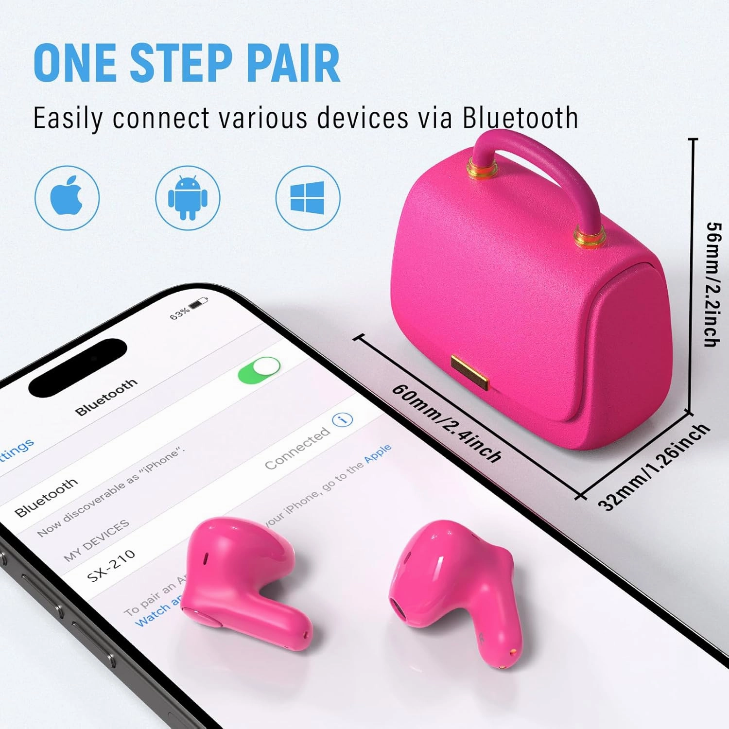 ANCwear Ear Buds,Bluetooth 5.3 in-Ear Headphones,13mm Drivers Deliver Premium Sound Earphones,22H Playtime True Wireless Earbuds with Unique Mini Handbag Charging Case (Magenta Bead, Hot Pink)