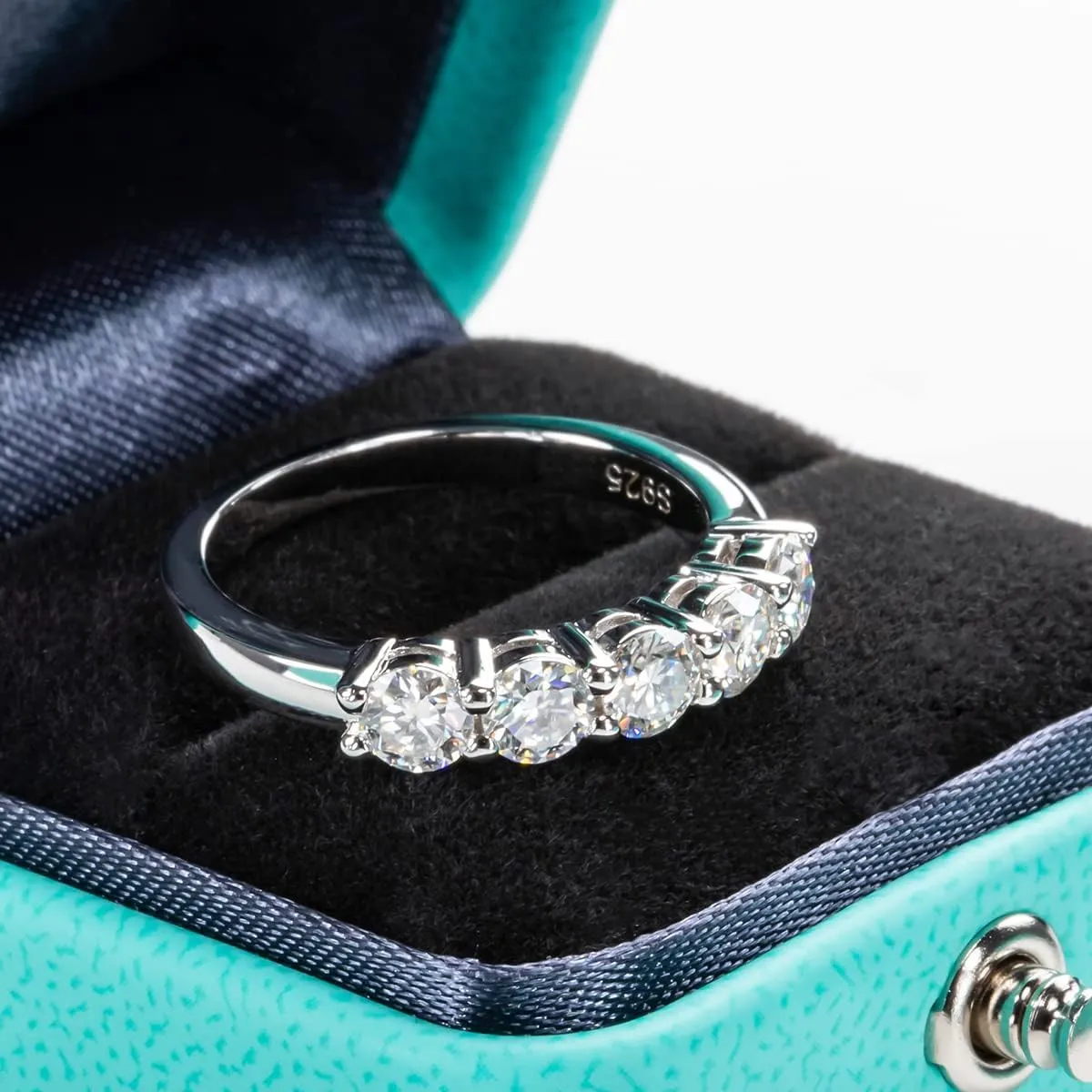 AnuClub 5 Stone Moissanite Ring 1.5cttw D Color VVS1 Clarity 925 Sterling Silver Stackable Rings For Women With Certificate