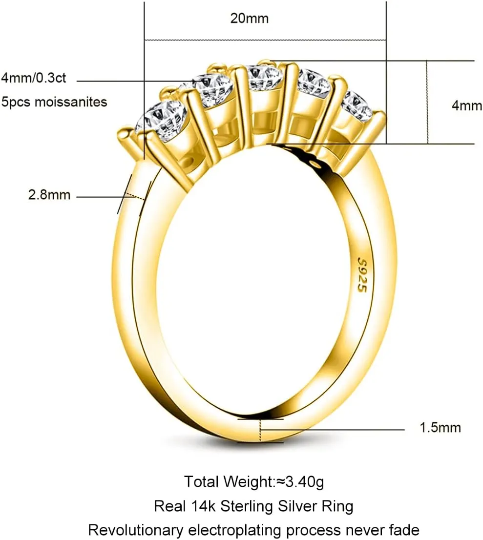 AnuClub 5 Stone Moissanite Ring 1.5cttw D Color VVS1 Clarity 925 Sterling Silver Stackable Rings For Women With Certificate
