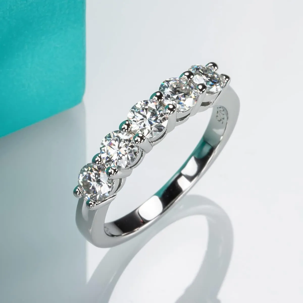 AnuClub 5 Stone Moissanite Ring 1.5cttw D Color VVS1 Clarity 925 Sterling Silver Stackable Rings For Women With Certificate