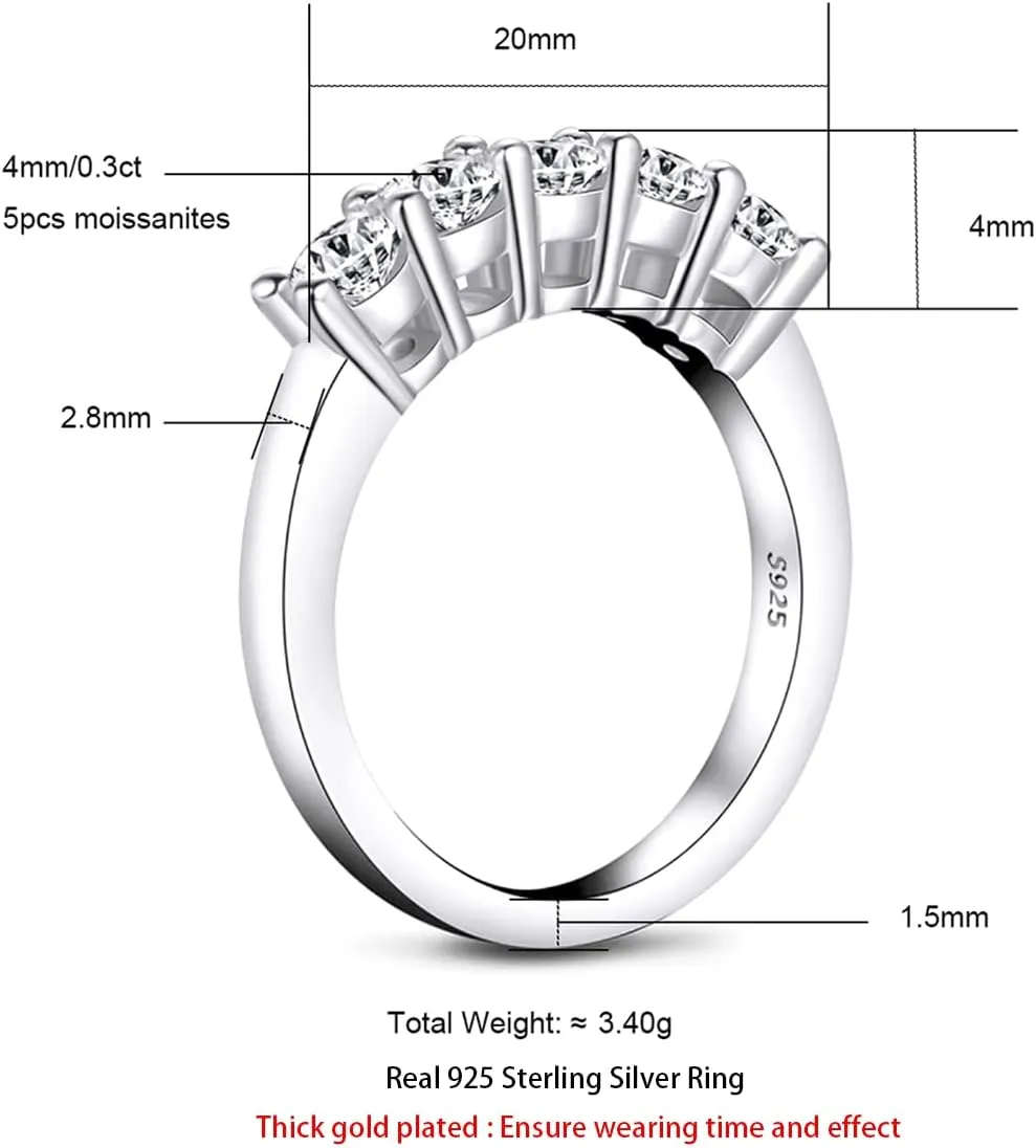 AnuClub 5 Stone Moissanite Ring 1.5cttw D Color VVS1 Clarity 925 Sterling Silver Stackable Rings For Women With Certificate