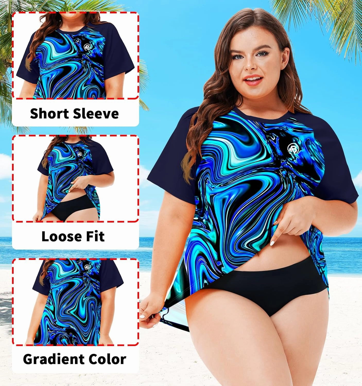 AOBUTE Women Plus Size Rash Guard Short Sleeve SPF Swim Shirts