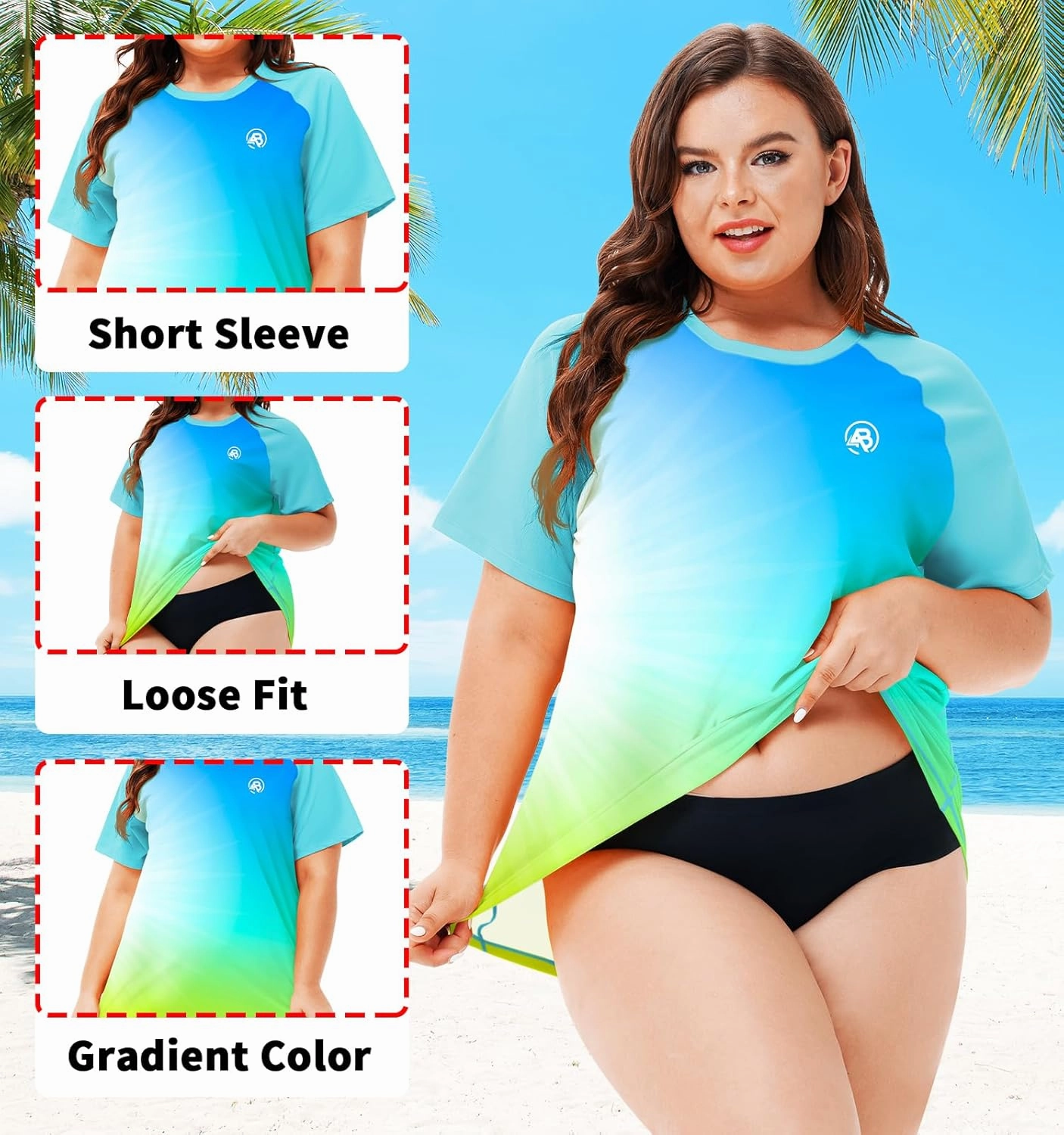 AOBUTE Women Plus Size Rash Guard Short Sleeve SPF Swim Shirts